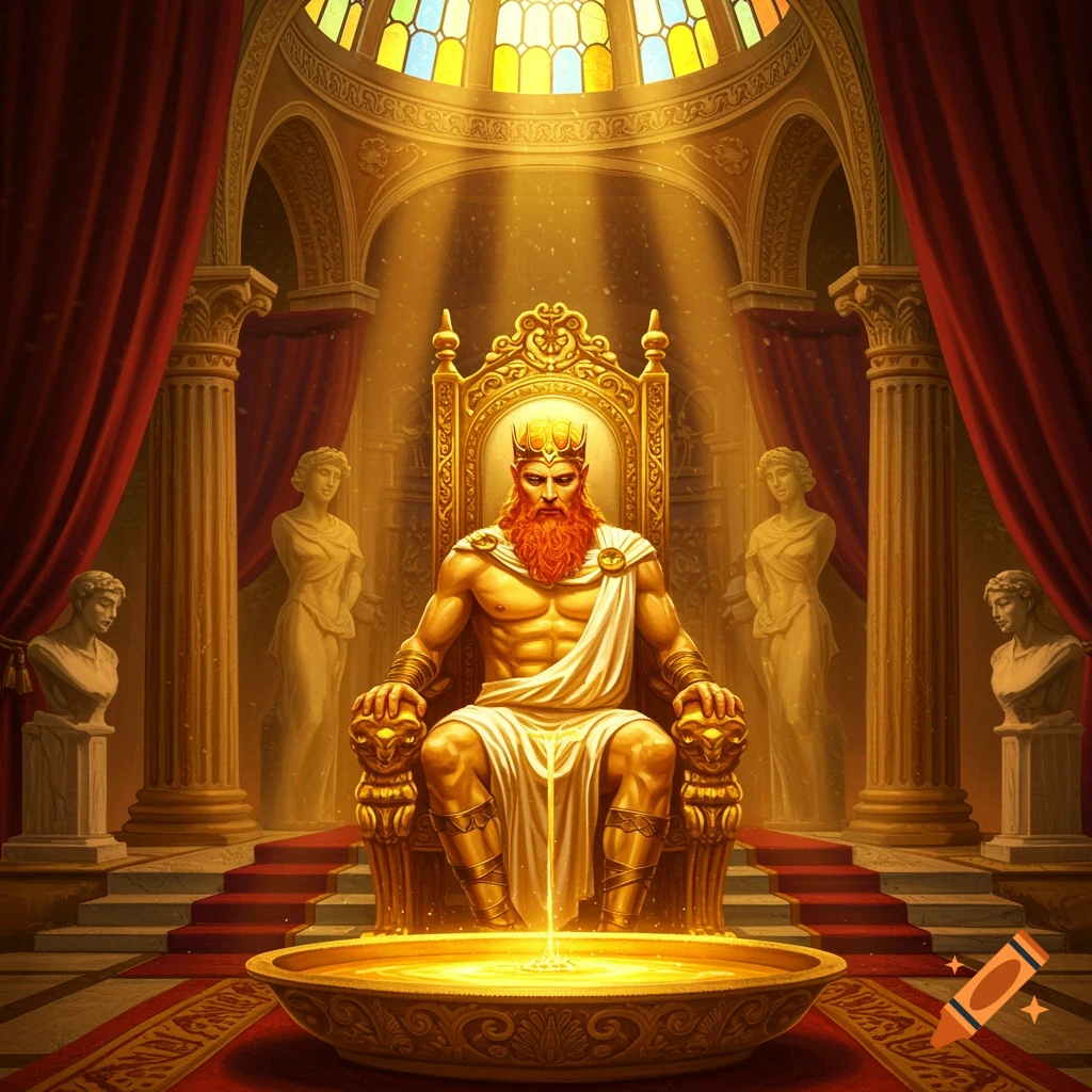 A red-bearded King Midas, crowned, sits on a golden throne as golden liquid flows from his hands into a basin in a grand sunlit hall.