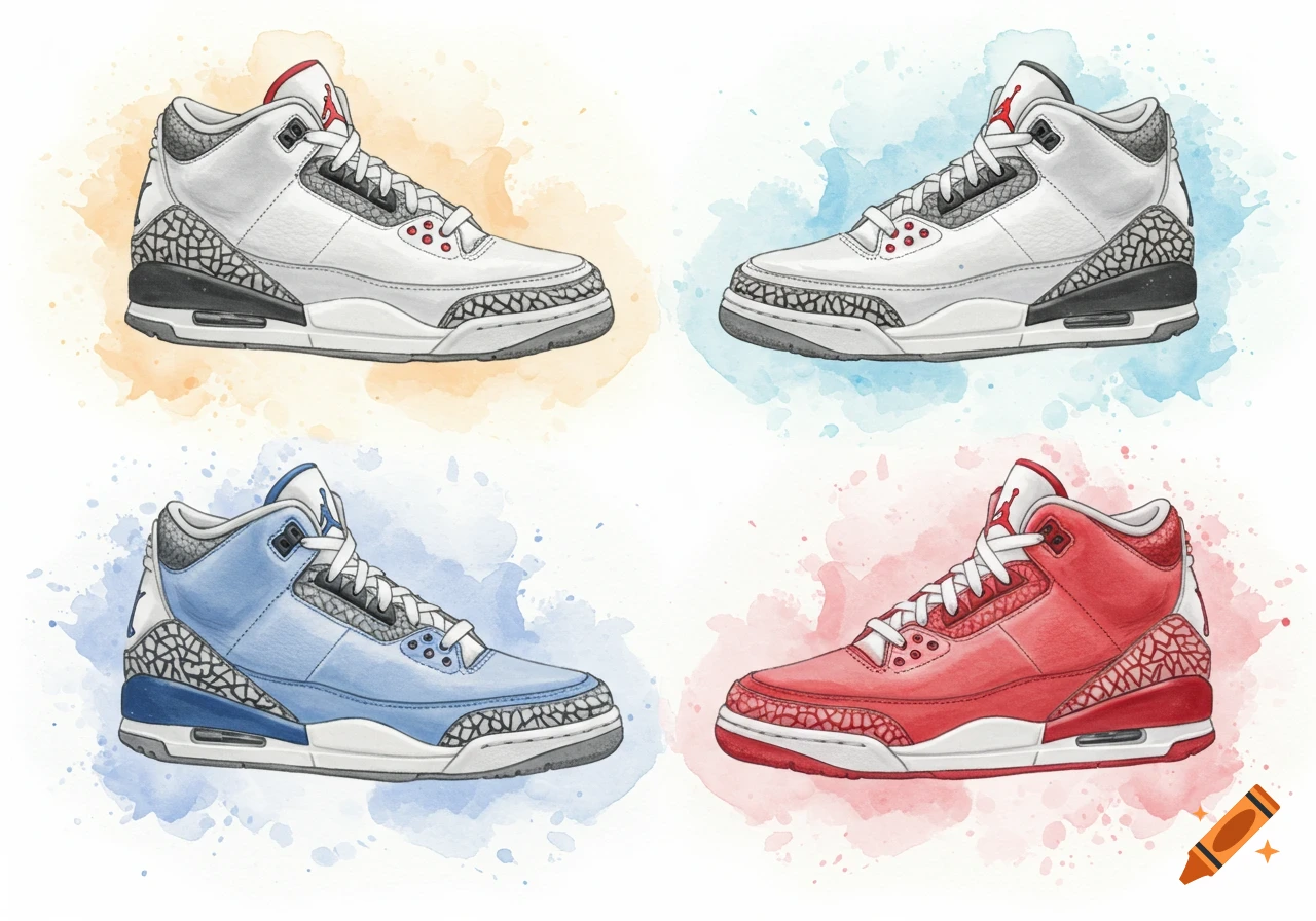 Four watercolor illustrations of Jordan 3 sneakers in white, black, blue, and red with paint splatters.