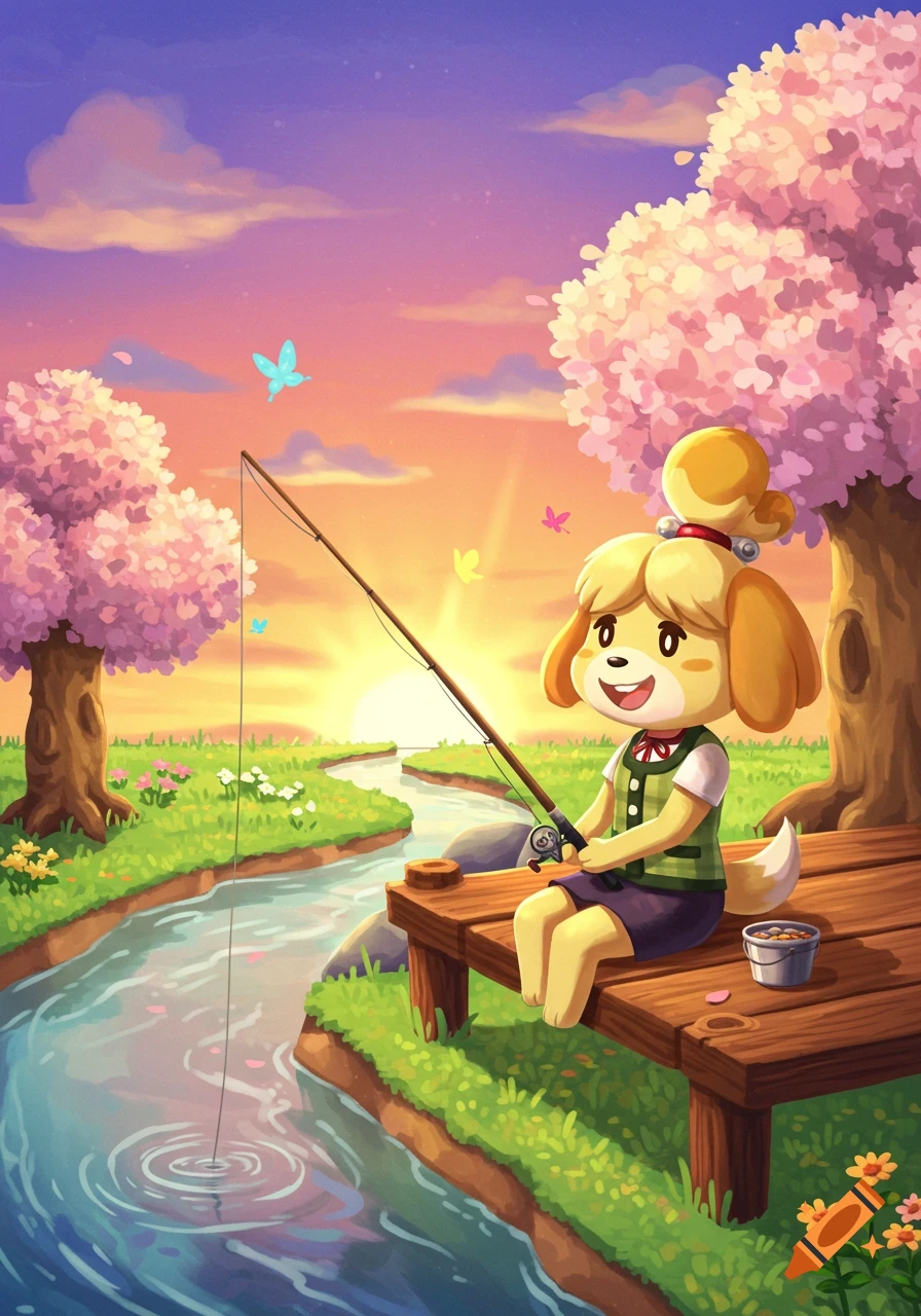 Isabelle from Animal Crossing fishing on a wooden dock by a river with cherry blossom trees at sunset, in a cheerful cartoon style.