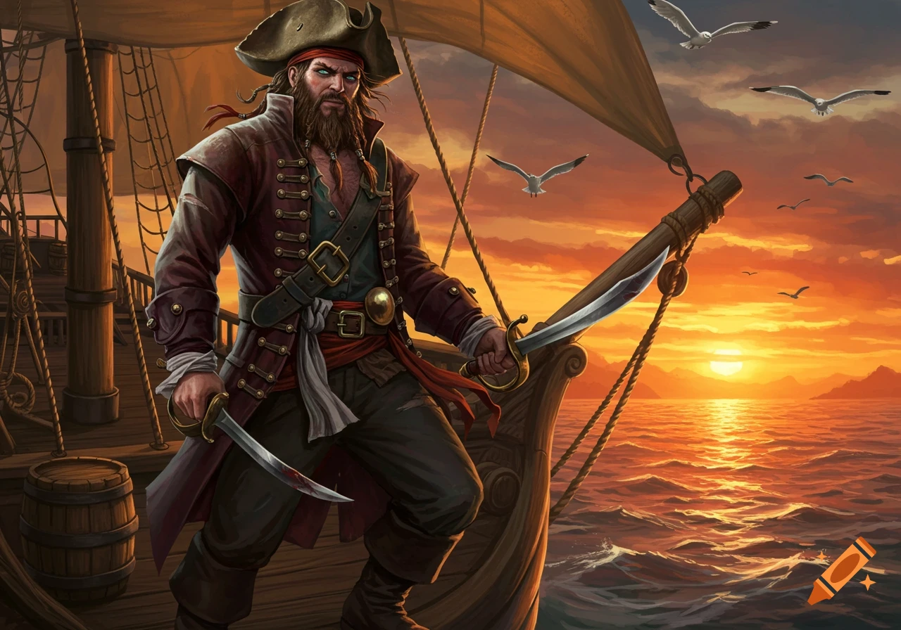 A bearded pirate with two swords stands on a ship's deck against a vibrant sunset over the ocean.