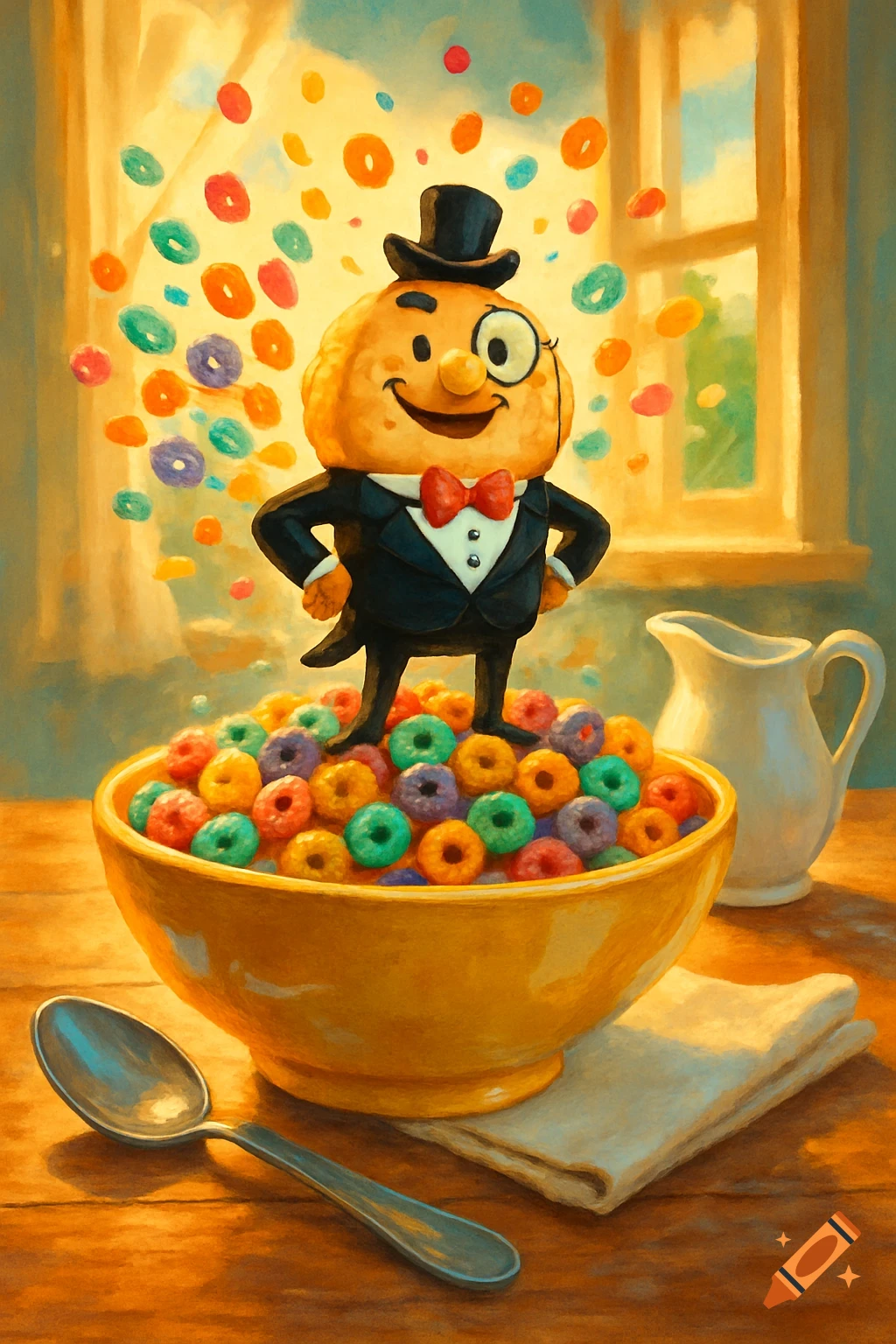 A happy cartoon cereal mascot in a top hat and tuxedo stands in a bowl of colorful cereal on a table, with floating rings. Painterly style.
