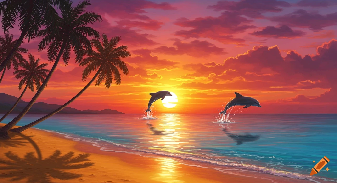 Two dolphins leap from clear blue ocean waves at a vibrant sunset beach with silhouetted palm trees.