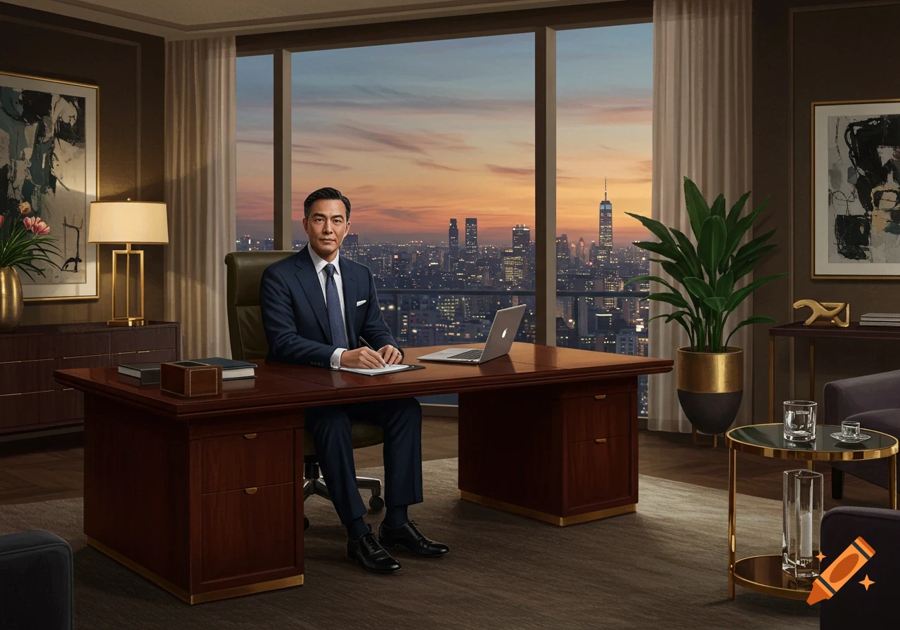 Photorealistic portrait of a CEO in a suit sitting at his desk in a high-rise office with a city skyline at sunset.