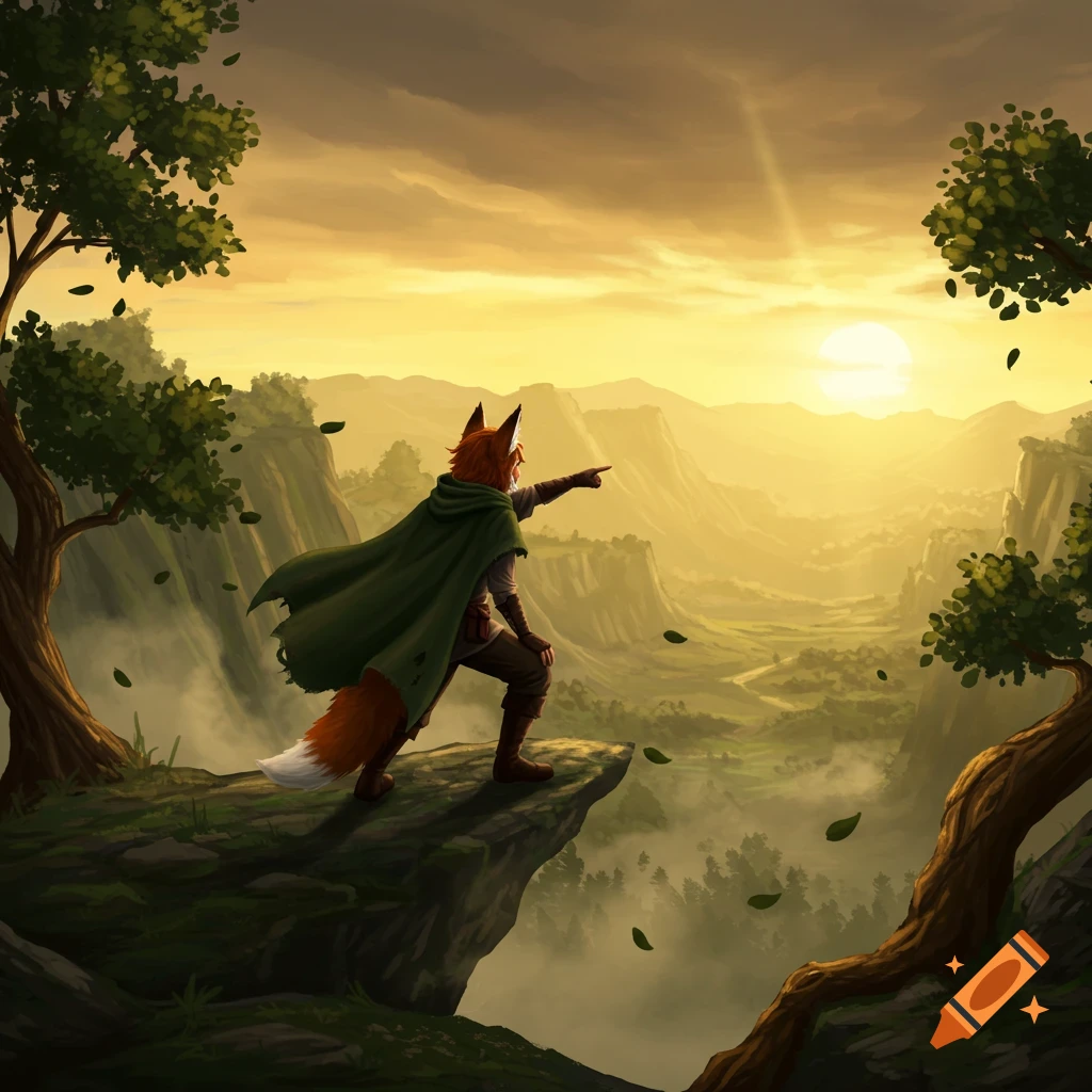 A humanoid fox character in a green cape stands on a cliff, pointing across a vast valley at a golden sunset.