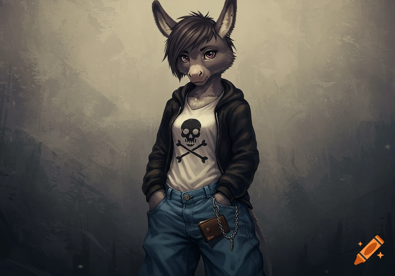 A grunge-style anime furry character, a gray donkey fursona, wearing a black hoodie, white skull-printed shirt, and baggy jeans.