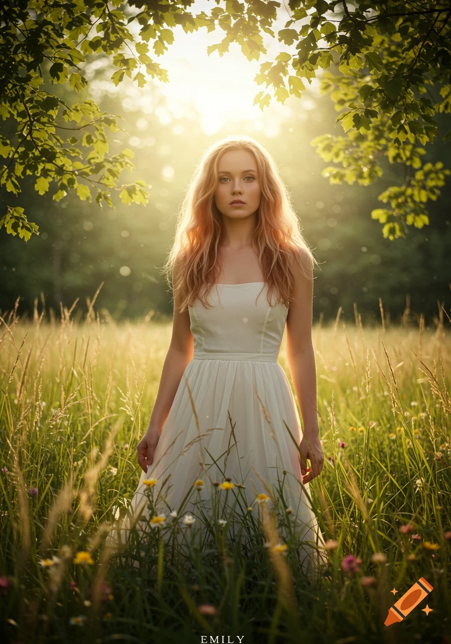 A woman with long blonde hair in a white dress stands in a sunny, golden meadow surrounded by tall grass and trees.
