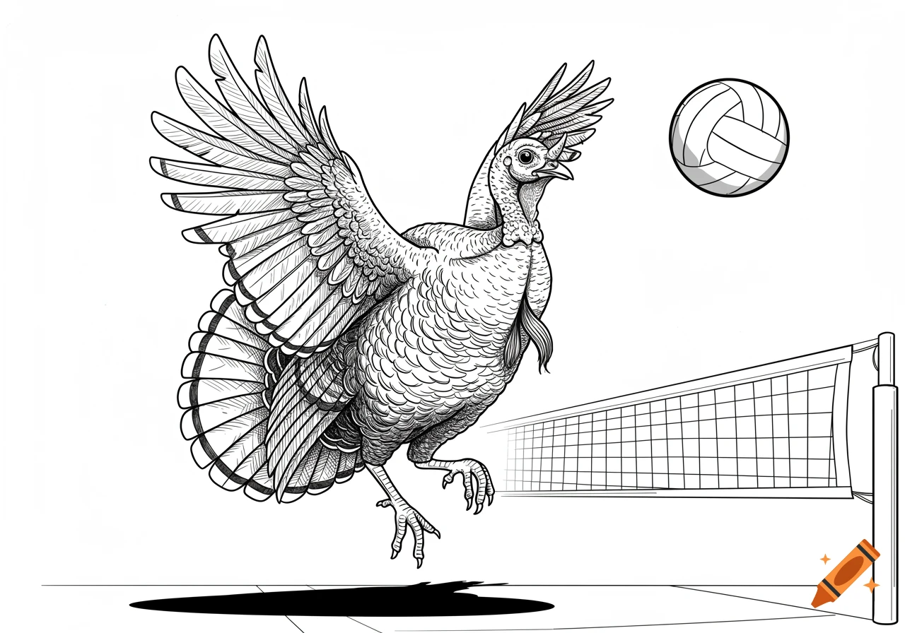 Line art illustration of a turkey jumping to spike a volleyball over a net.