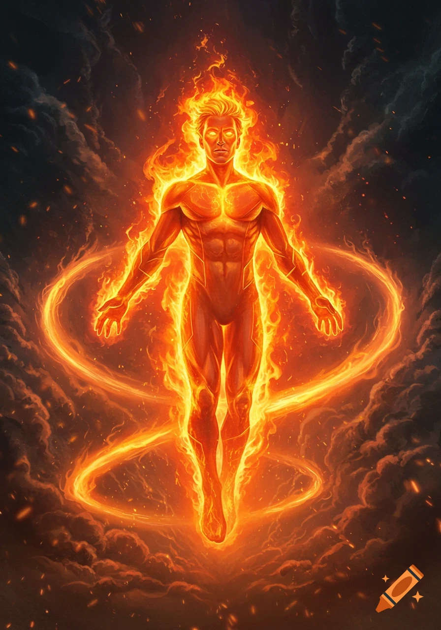 A human figure engulfed in bright orange flames, floating against a dark, smoky background.