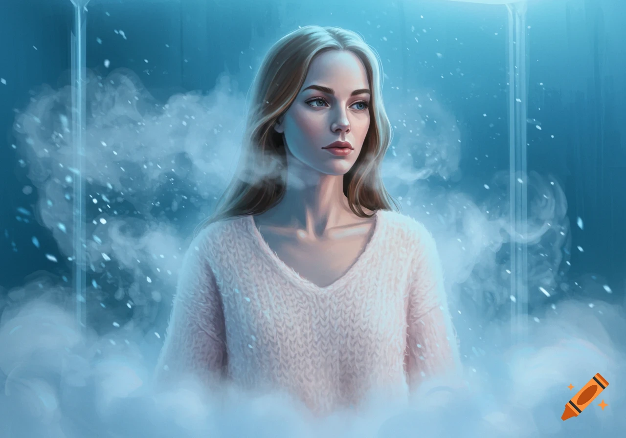 A woman in a light pink v-neck sweater surrounded by mist and snow, looking off to the side in a blue-toned environment.
