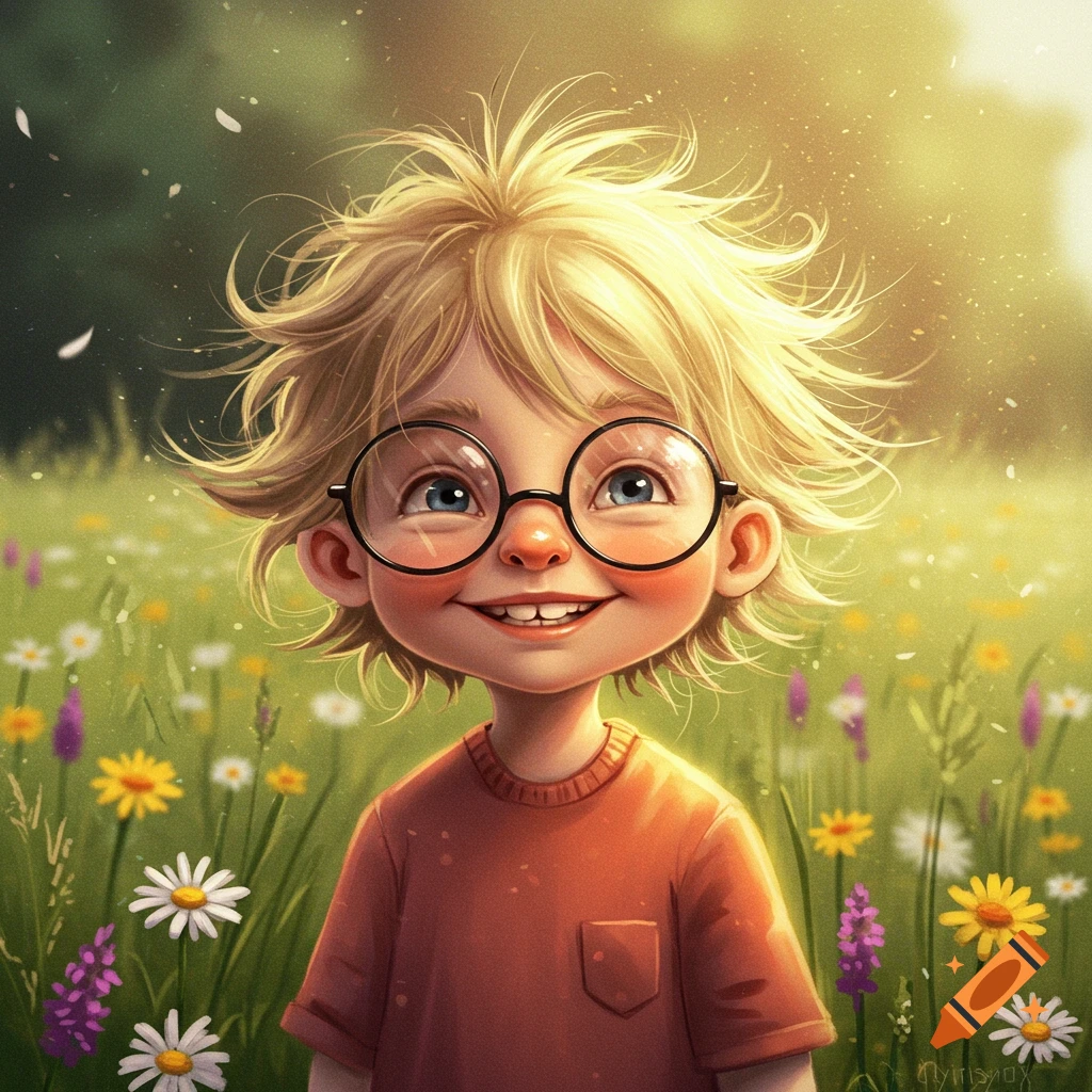 A smiling cartoon child with wild blonde hair and round glasses in a sunny field of wildflowers.