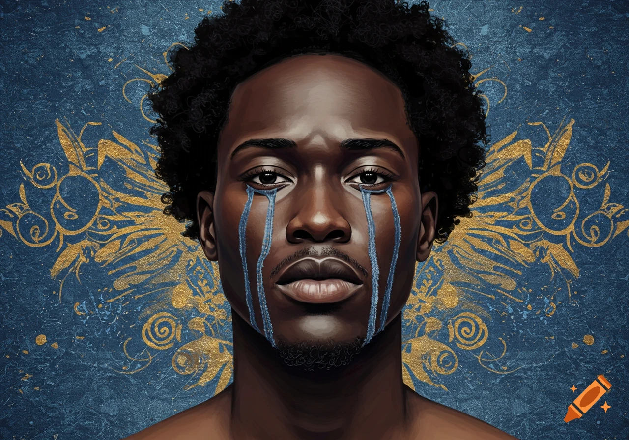 Close-up portrait of a dark-skinned man with an afro and blue tears, against a gold and blue patterned background.