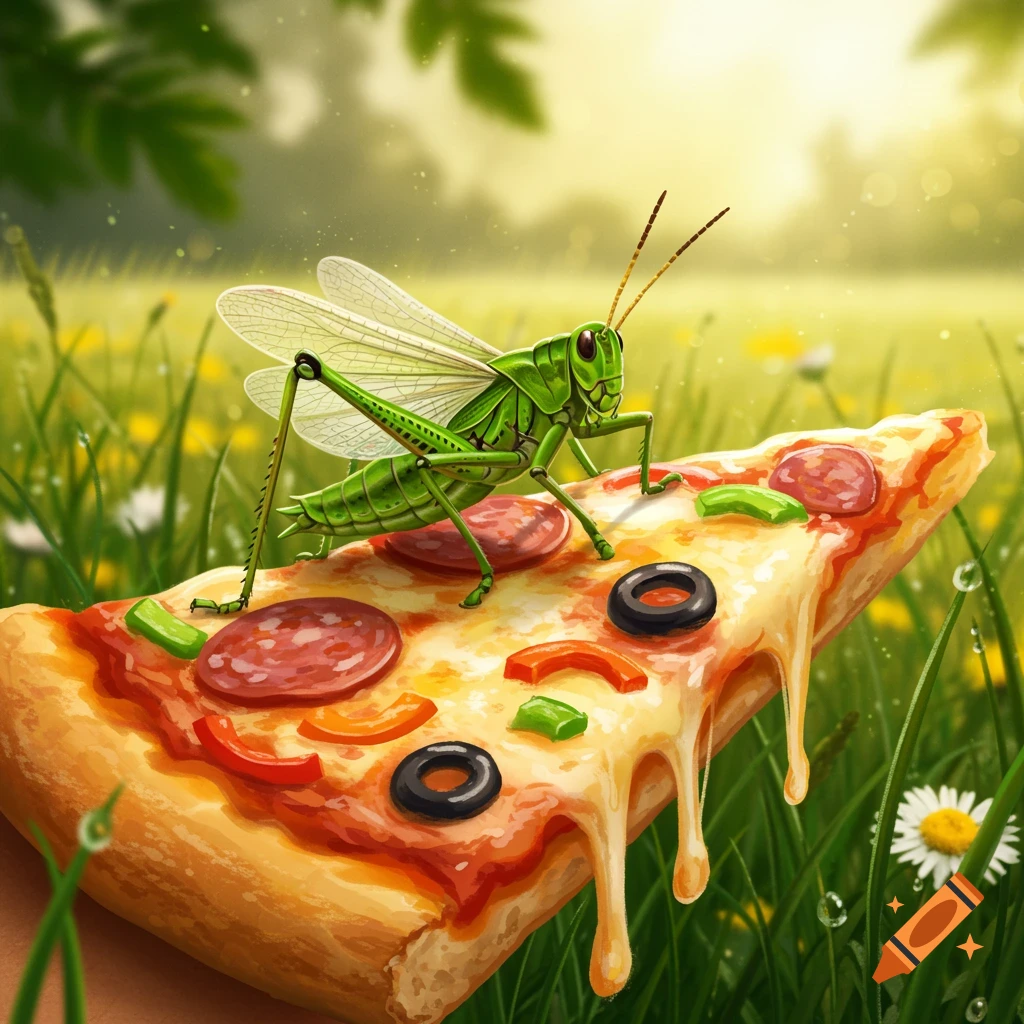 A large green grasshopper sits on a slice of pepperoni and olive pizza in a sunny, grassy field.