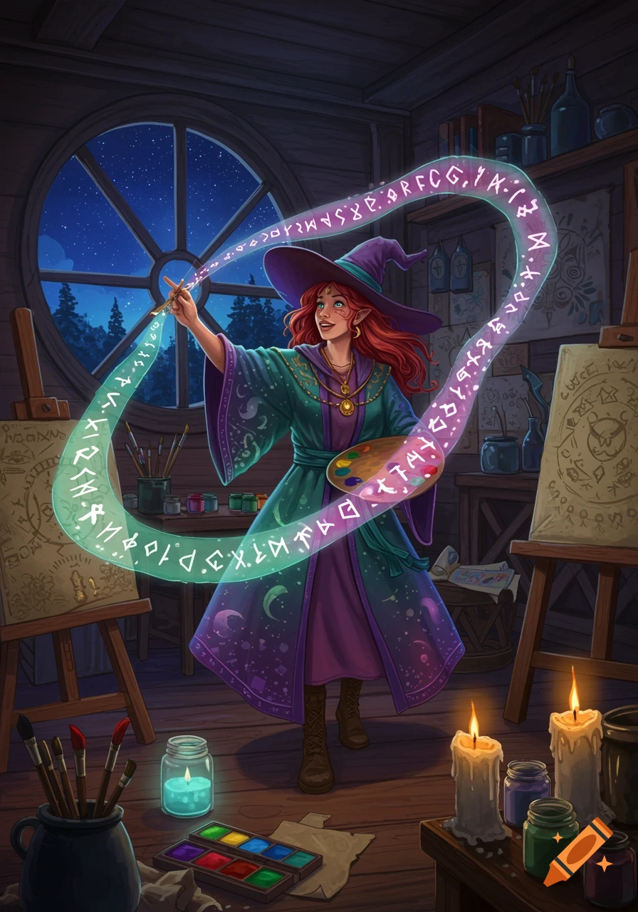 A smiling red-haired witch in a purple hat and green robe paints magical glowing runes in a studio with easels and candles, at night.