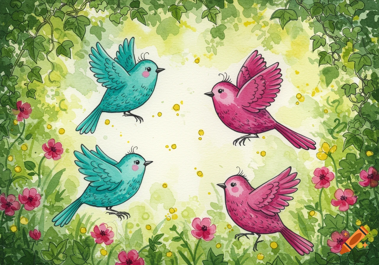 Four whimsical watercolor birds, two teal and two pink, surrounded by green leaves and pink flowers.