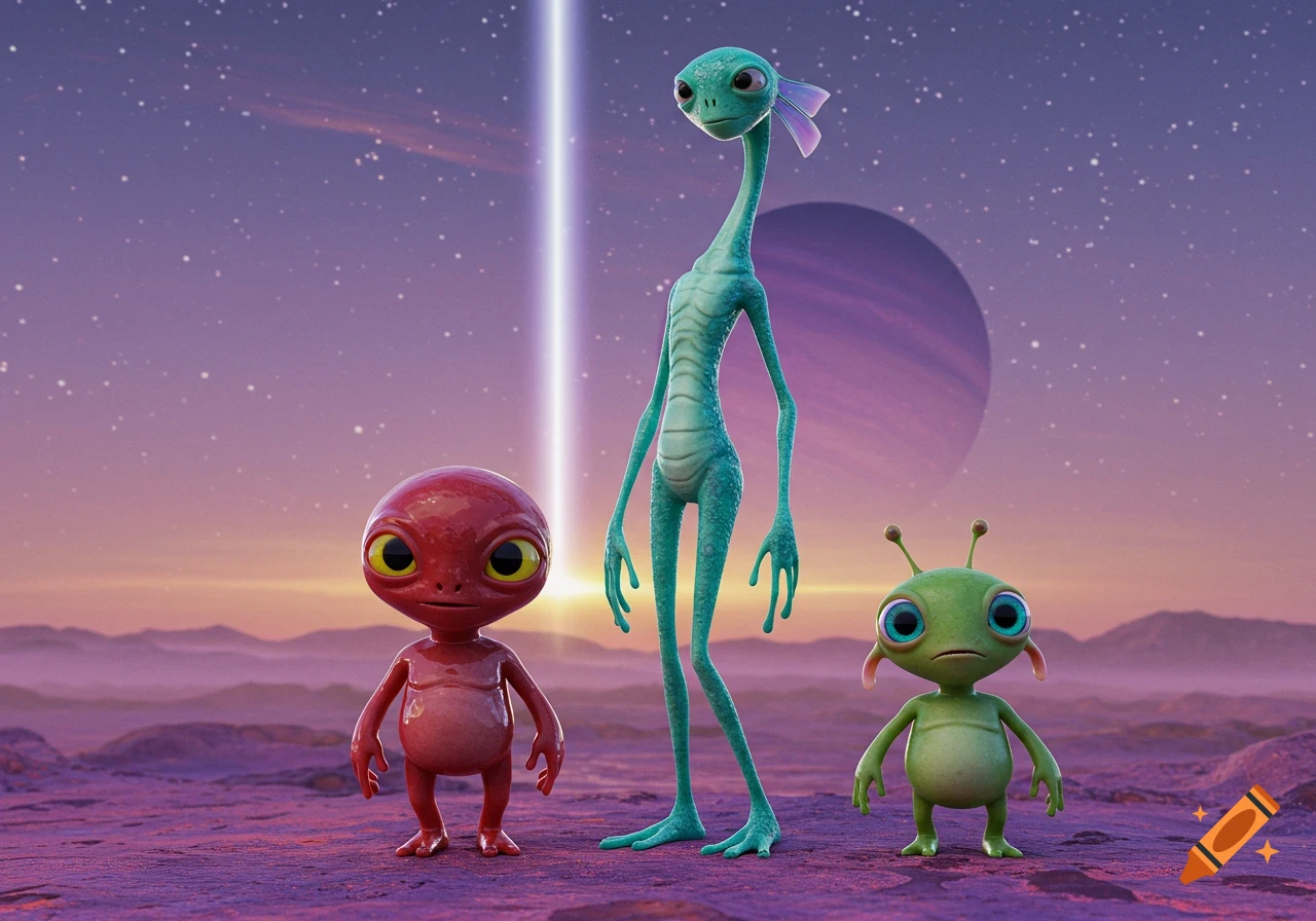 Three colorful cartoon aliens on a purple alien planet under a starry, sunset sky with a large planet in the background.