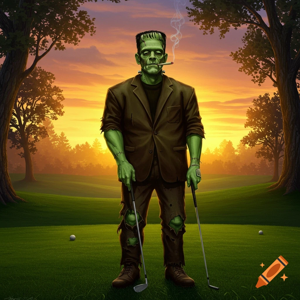 Frankenstein's monster on a golf course at sunset, holding clubs and smoking.