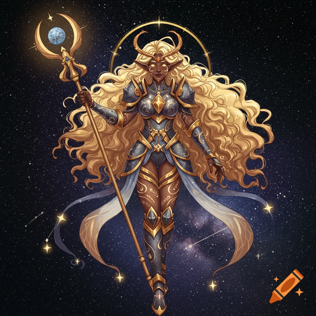 An armored elven woman with long blonde hair holds a moon-topped staff, standing against a starry cosmic background. Detailed fantasy art.