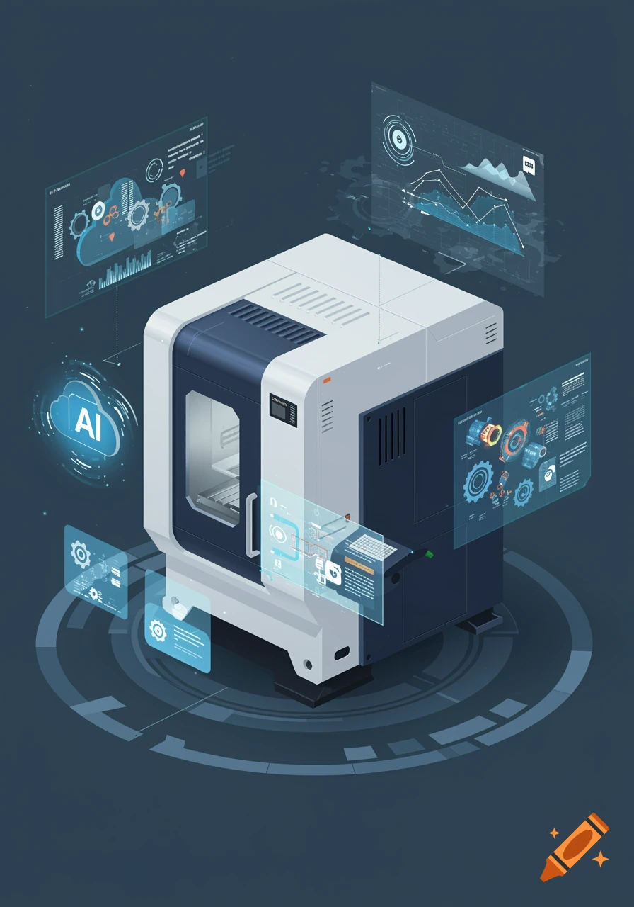 Isometric vector illustration of an industrial machine surrounded by digital interfaces showing AI, data, and gears.