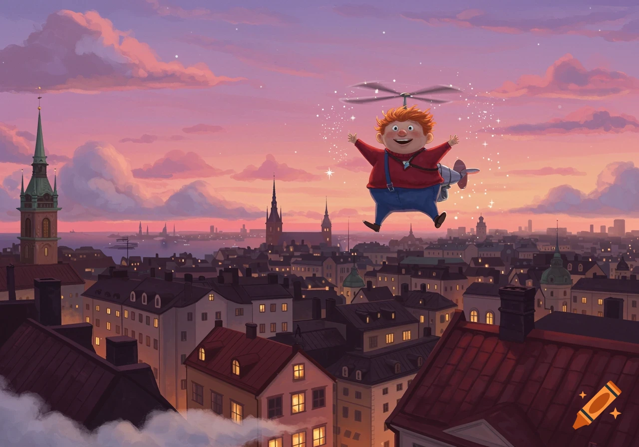 A cartoon boy with a propeller on his back flies over a city at sunset.