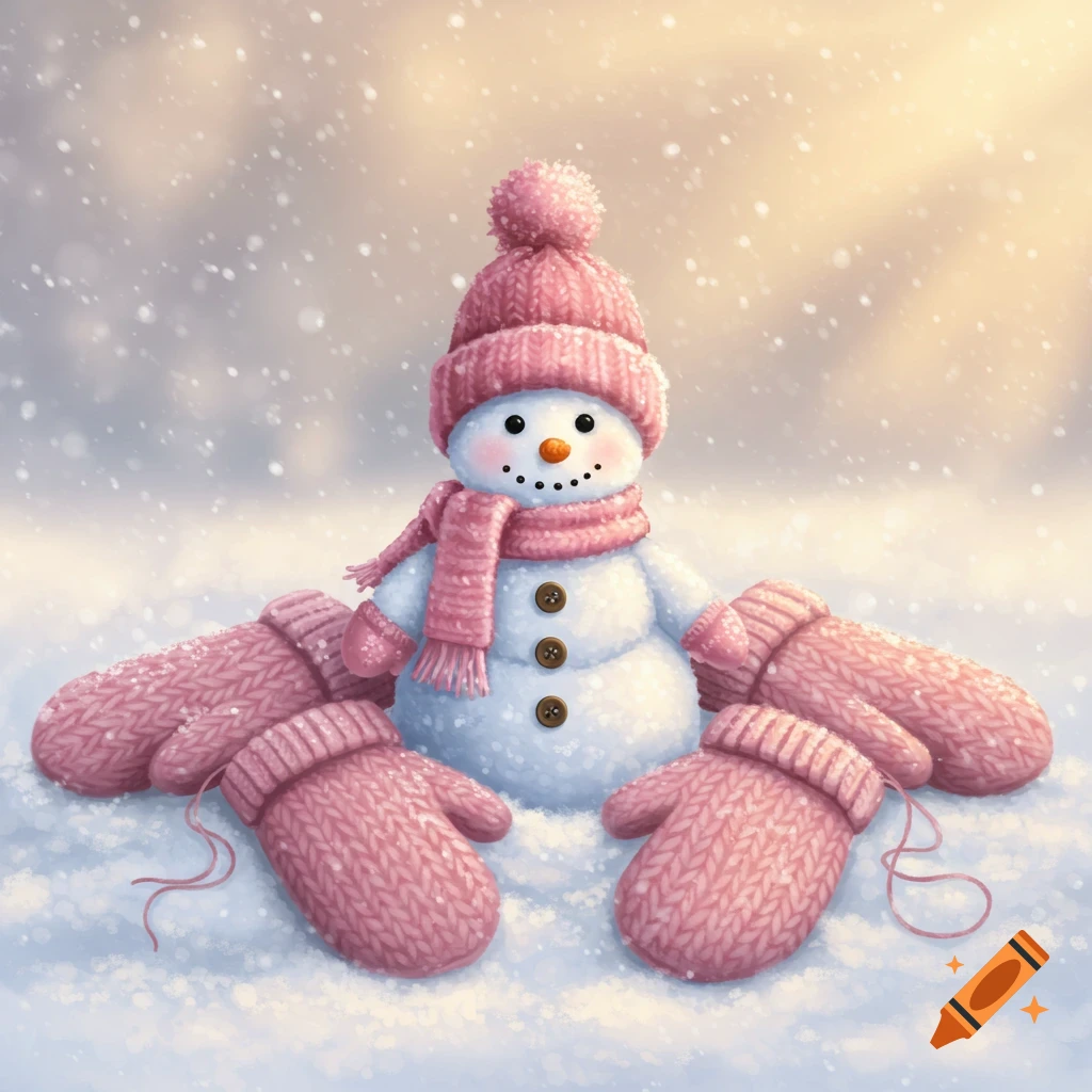 A cute snowman in a pink hat and scarf sits in sparkling snow, surrounded by pink knitted mittens, bathed in the warm light of a winter sunset.