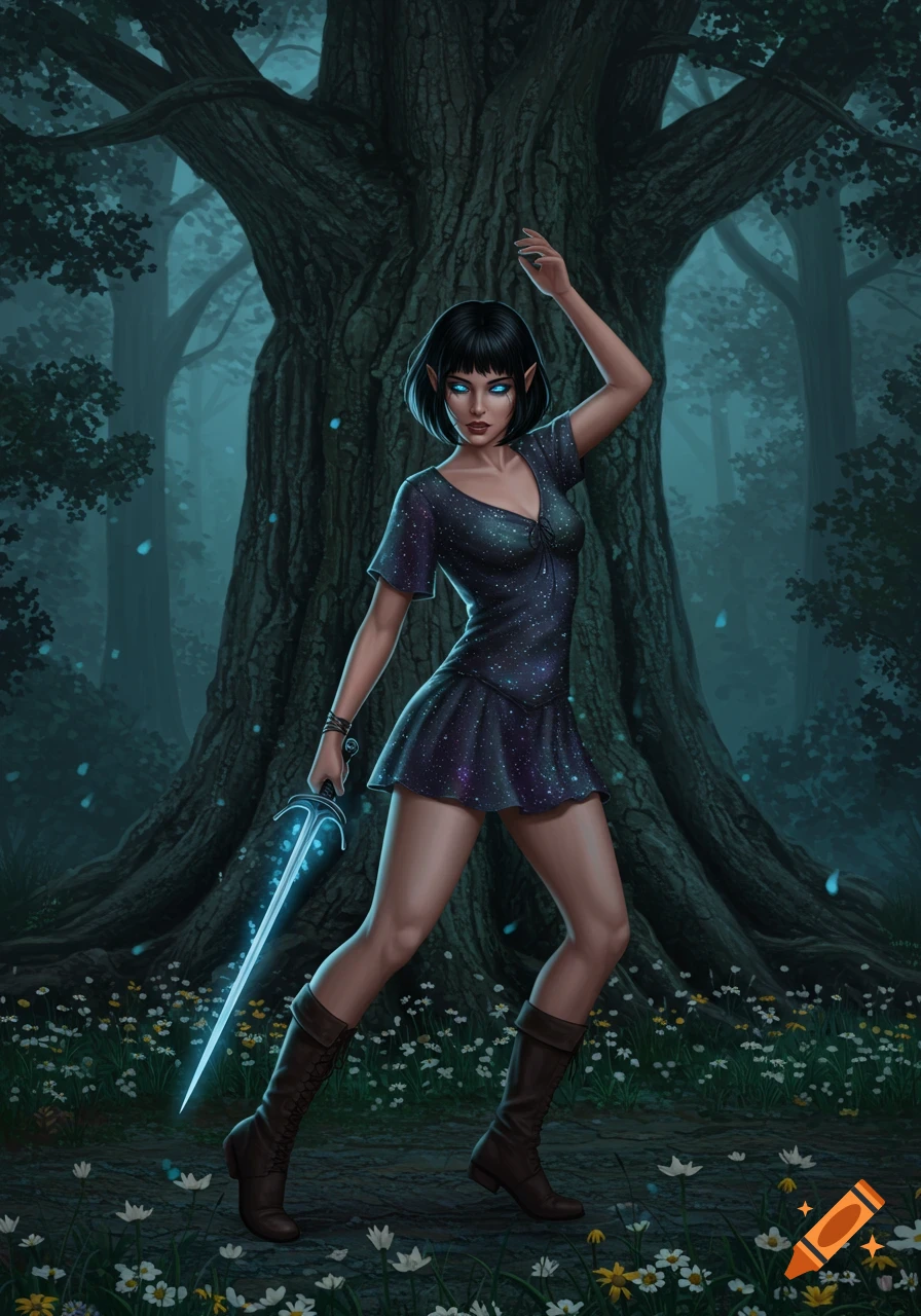 An elven enchantress with black bobbed hair, wearing a dark starry dress, poses with a glowing blue sword in a dark forest before a gnarled oak tree.