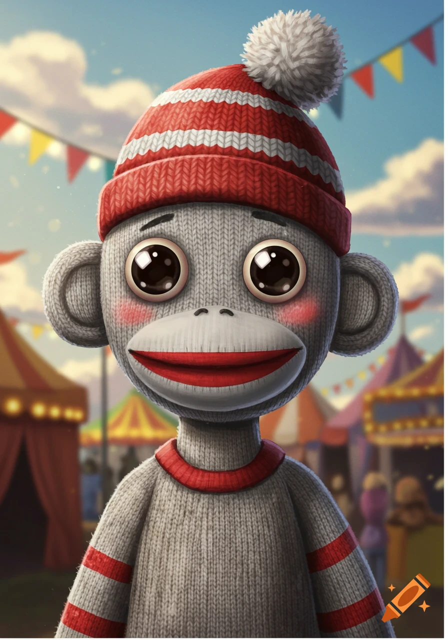 A close-up of a cartoon sock monkey wearing a red and white striped hat with a pom-pom, set against a blurred carnival background with tents and flags.