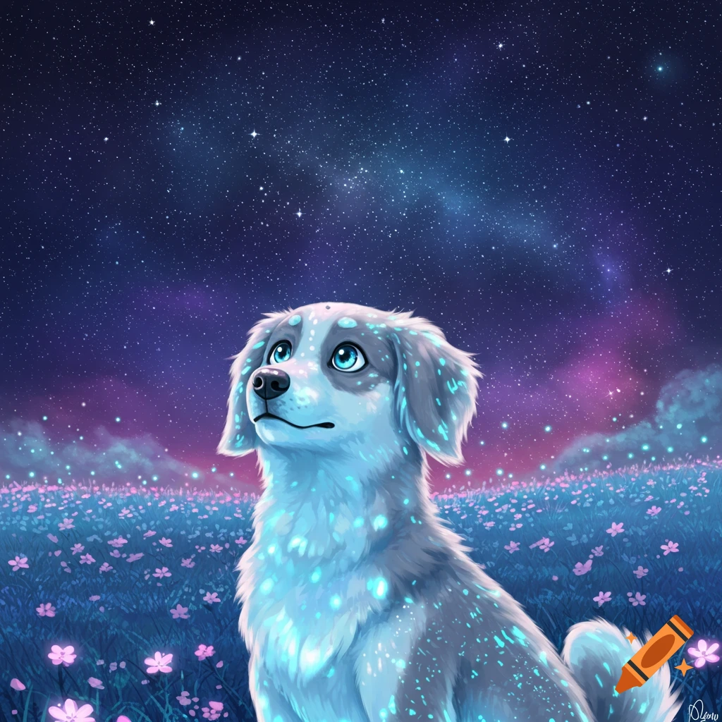 A glowing blue and white dog sits in a field of pink flowers under a vibrant, starry night sky. Digital art.