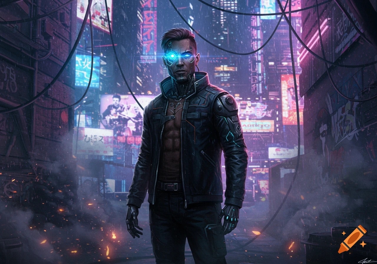 A muscular cyberpunk man with glowing blue cybernetic eyes stands in a rainy futuristic city alley under neon signs.