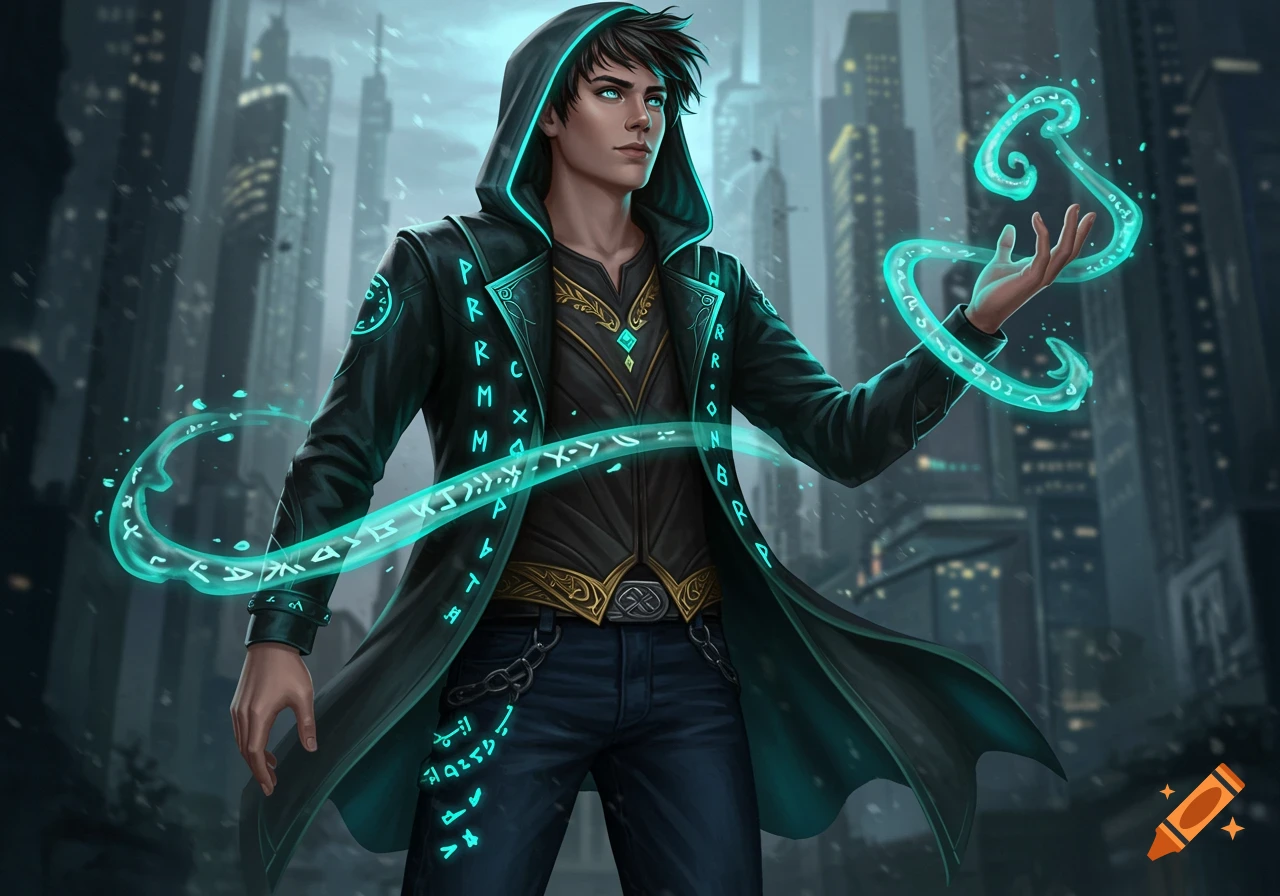 A young male warlock in a black coat with glowing runes casts a spell with swirling teal energy in an urban setting.