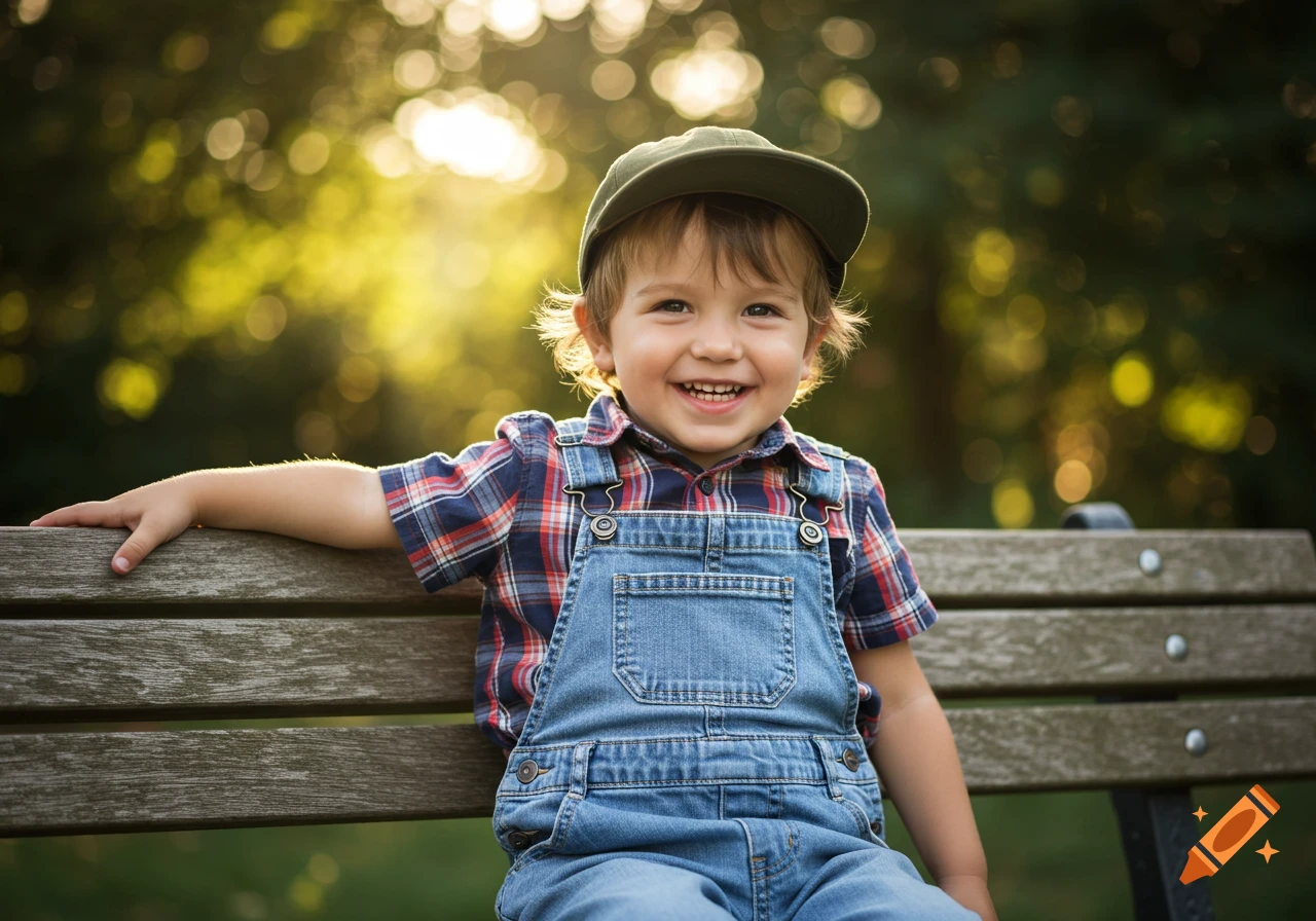 A smiling young boy in a plaid shirt and denim overalls sits on a park bench, wearing a backward olive-green baseball cap. The background is a soft, sun-dappled green.