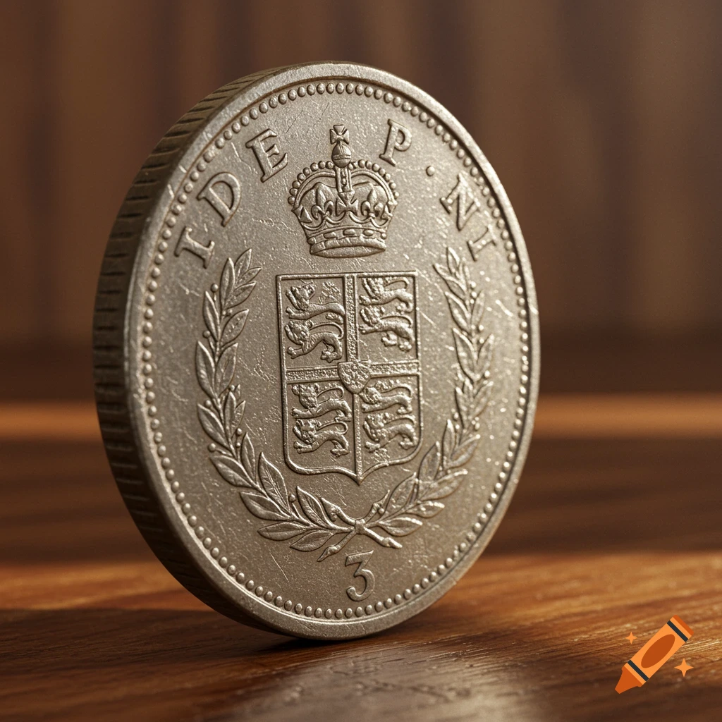 Close-up, photorealistic image of a vintage British three pence coin standing upright on a wooden surface.