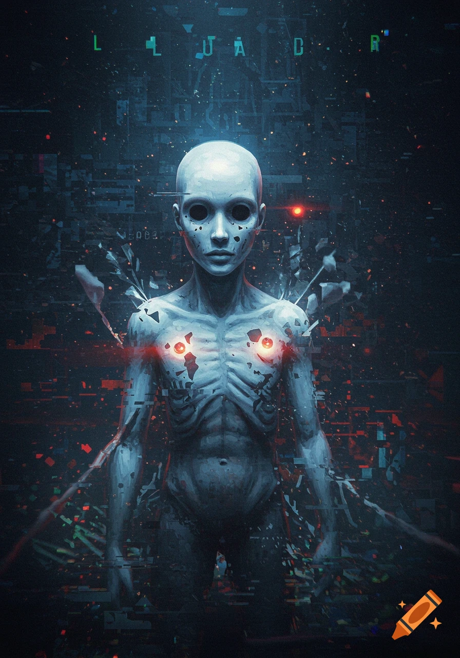 A pale, skeletal humanoid figure with glowing red chest lights stands against a dark, glitchy background.