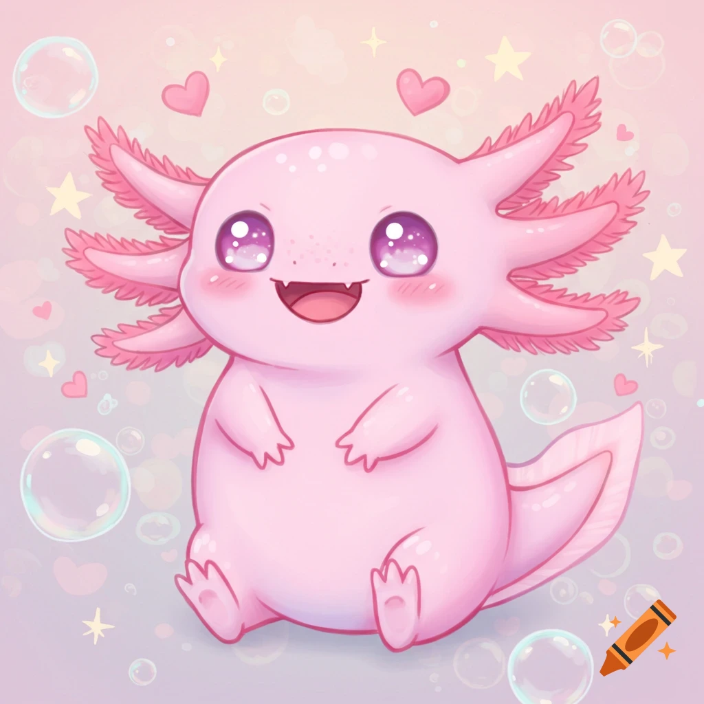 A cute pink kawaii-style axolotl with sparkling eyes and a happy smile, surrounded by hearts, stars, and bubbles on a soft pastel background.
