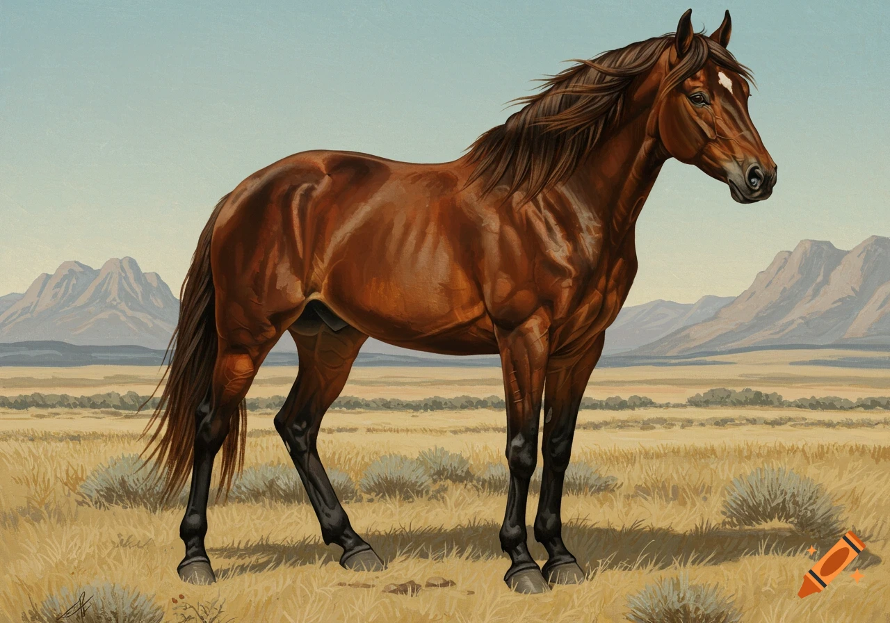 A brown horse standing in a grassy field with mountains under a light blue sky, in an American traditional art style.