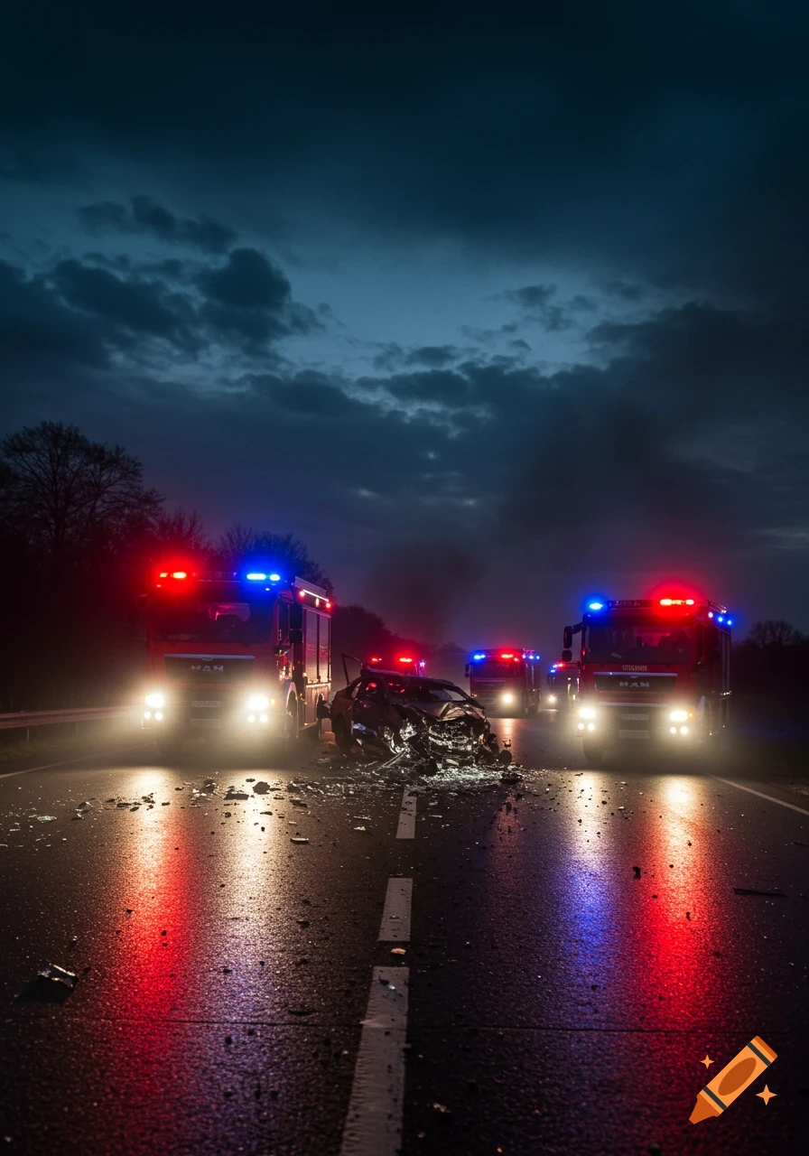 Fire trucks with flashing lights attend a car crash on a dark, wet road at night, with a heavily damaged car in the foreground.