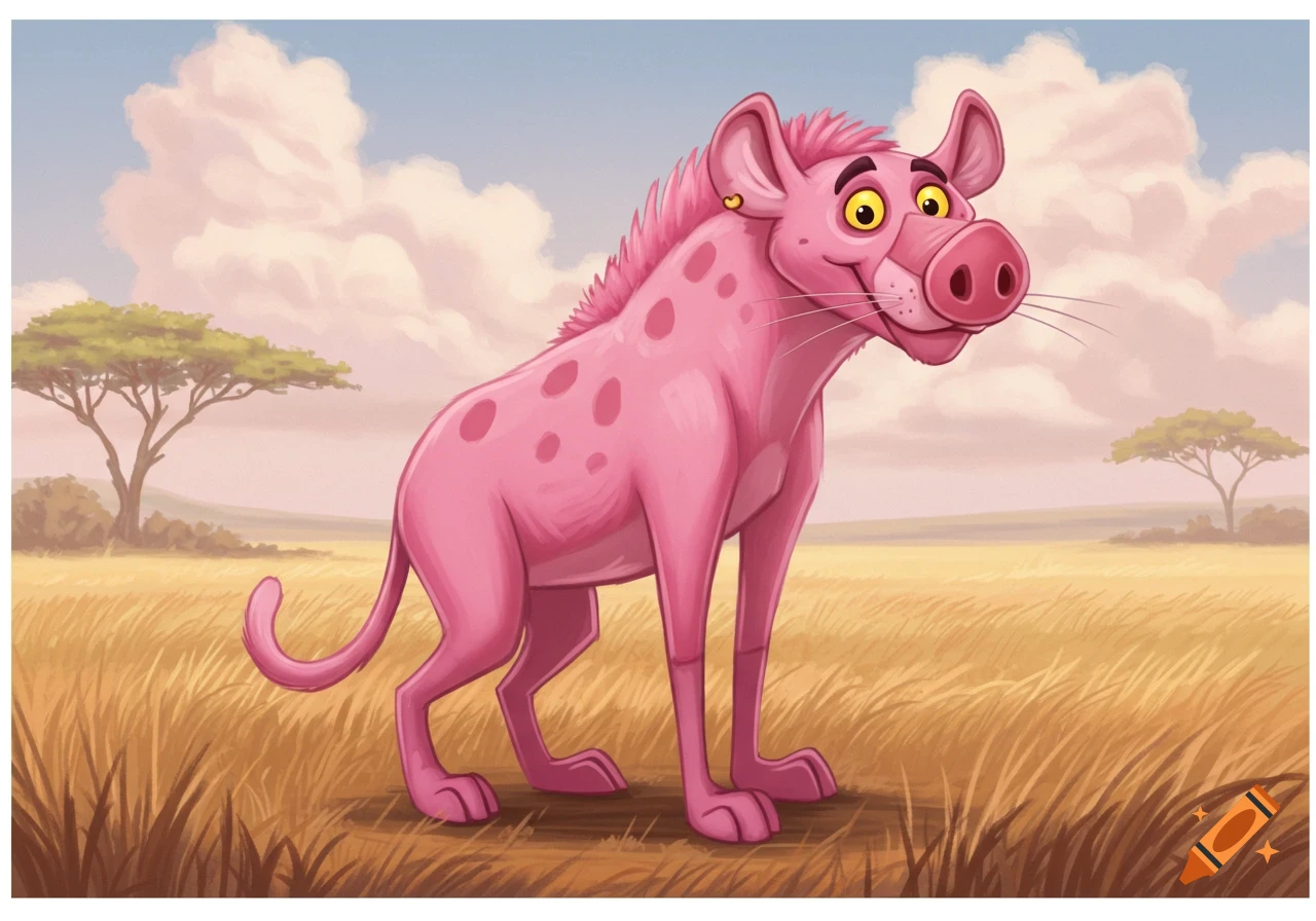 A pink cartoon hyena with a pig nose stands in a grassy savanna under a cloudy sky.