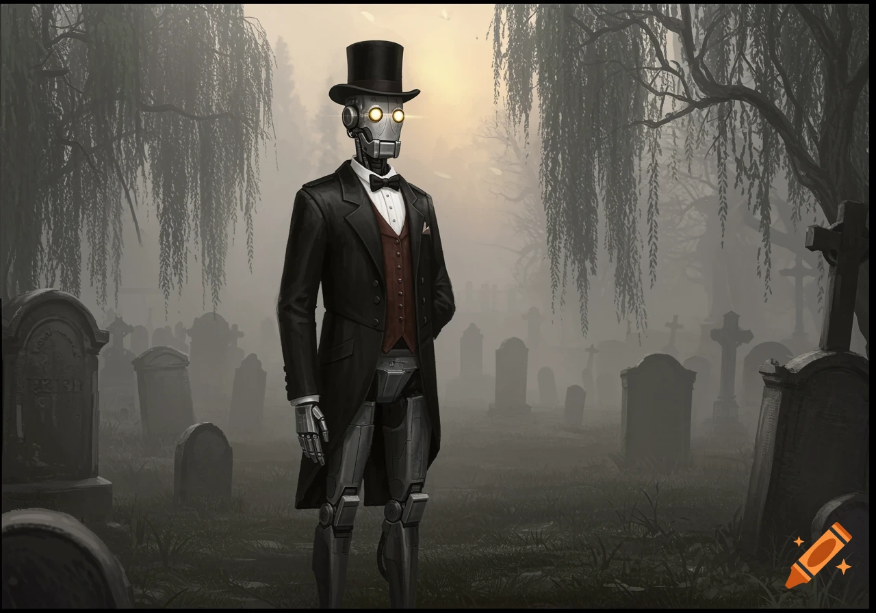 A sophisticated robot wearing a tuxedo and top hat stands in a misty, atmospheric graveyard with gravestones and willow trees.