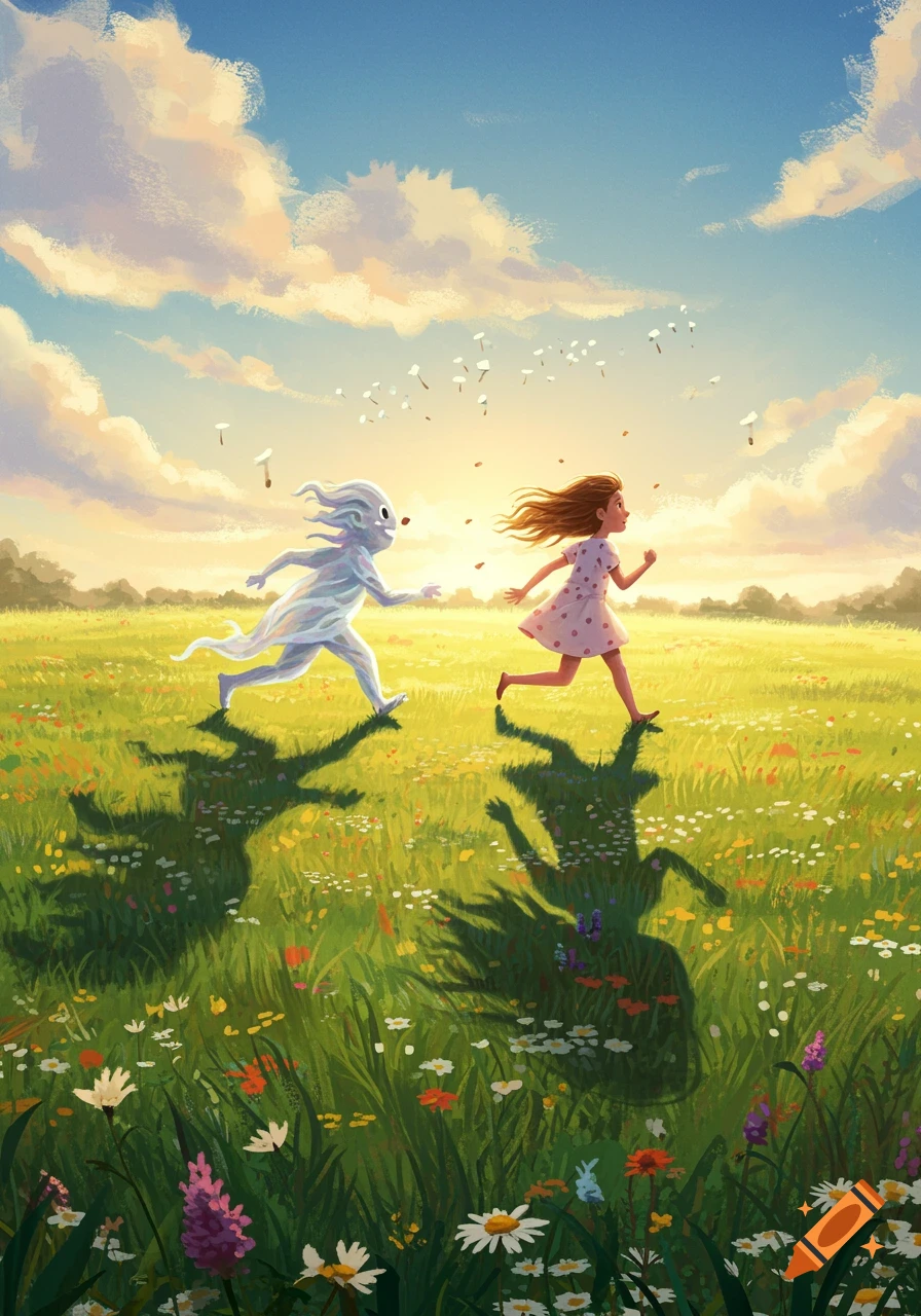 A whimsical illustration of a young girl with flowing hair running through a sunny wildflower field, followed by a ghostly, abstract creature.