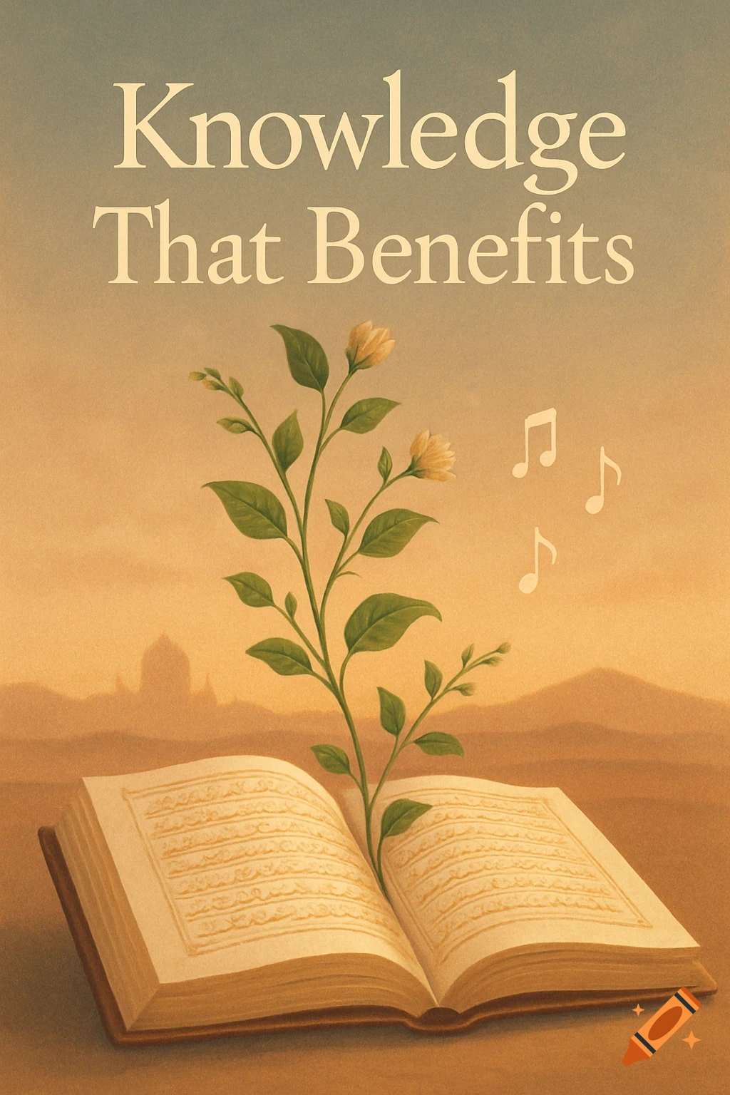 An open book with a plant growing from its pages, under the title 'Knowledge That Benefits', set against a desert background with a mosque silhouette and musical notes.