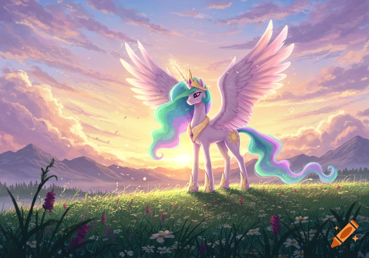 Princess Celestia, a white alicorn with a rainbow mane, stands in a flowery meadow at sunrise with mountains in the background.