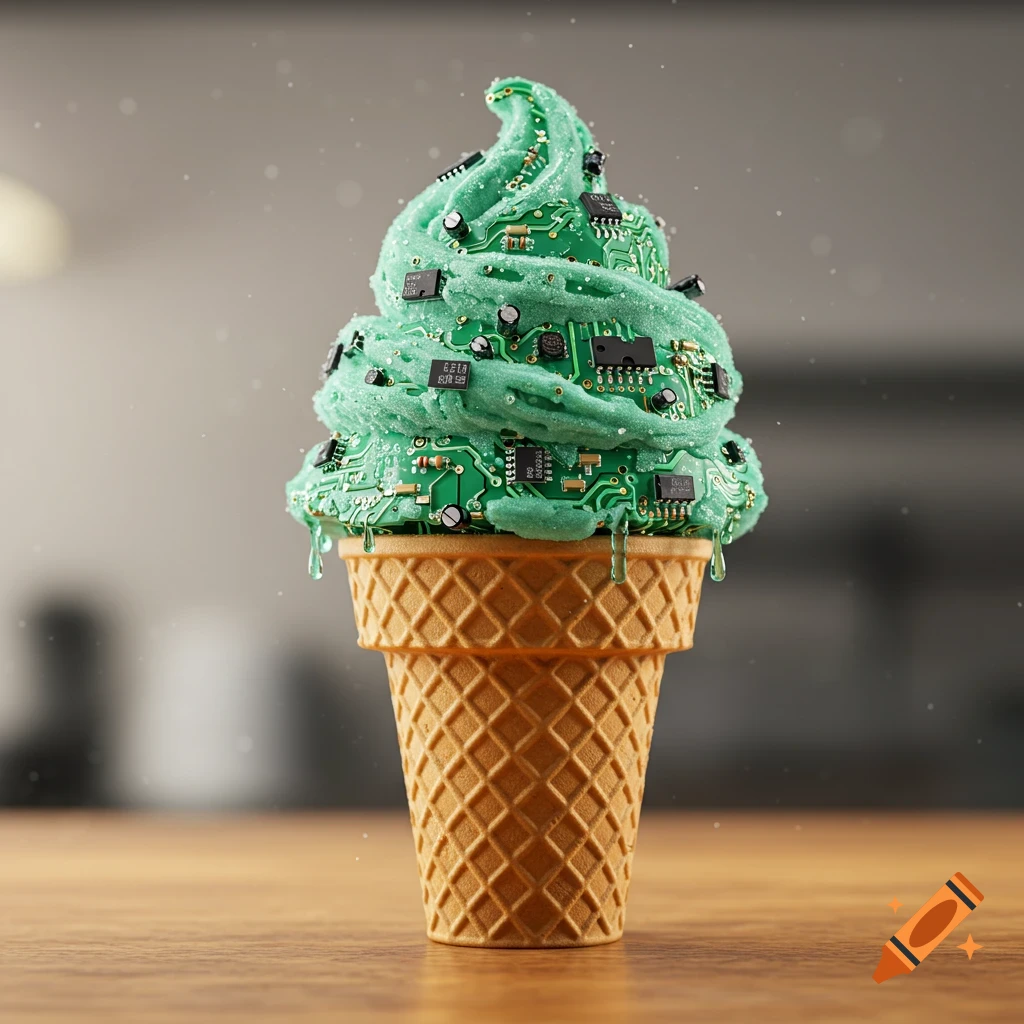 A photorealistic ice cream cone with the ice cream scoop made of green circuit board material and electronic components, instead of traditional ice cream.