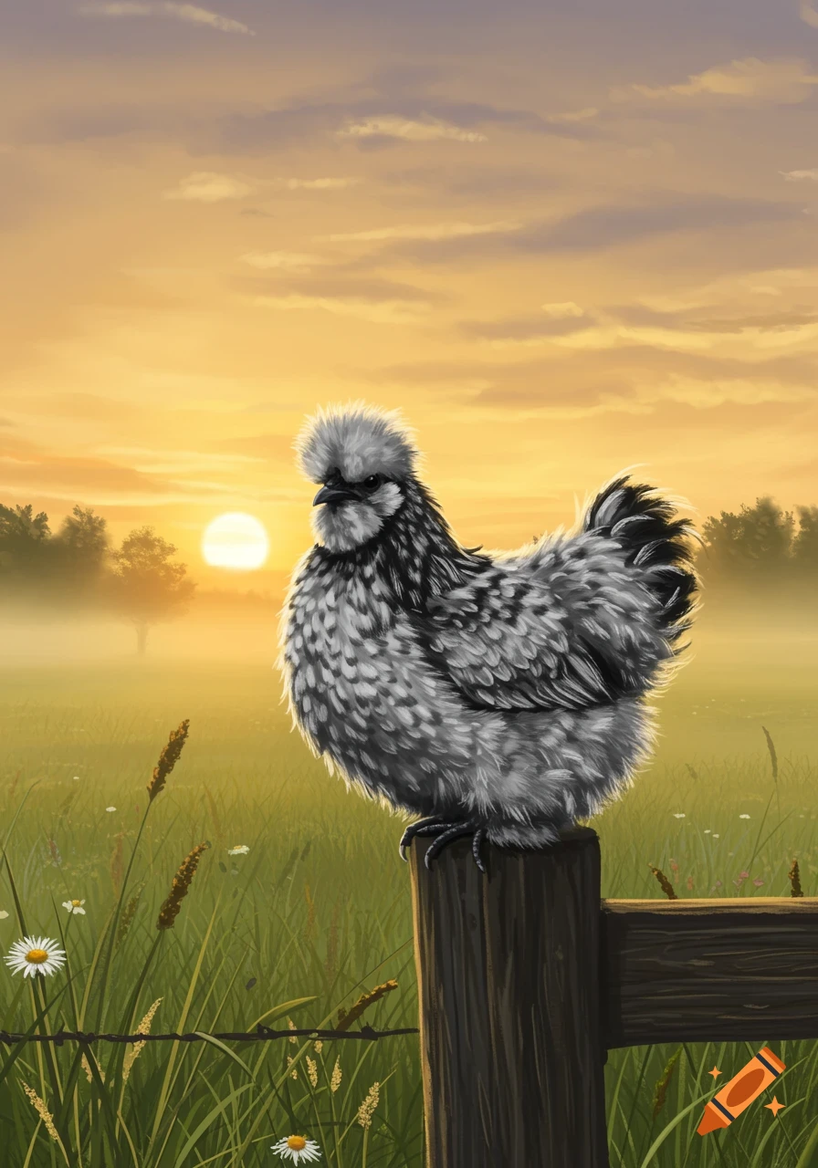 A black and white mottled silkie chicken sits on a wooden fence post in a misty field at sunrise, illustration.