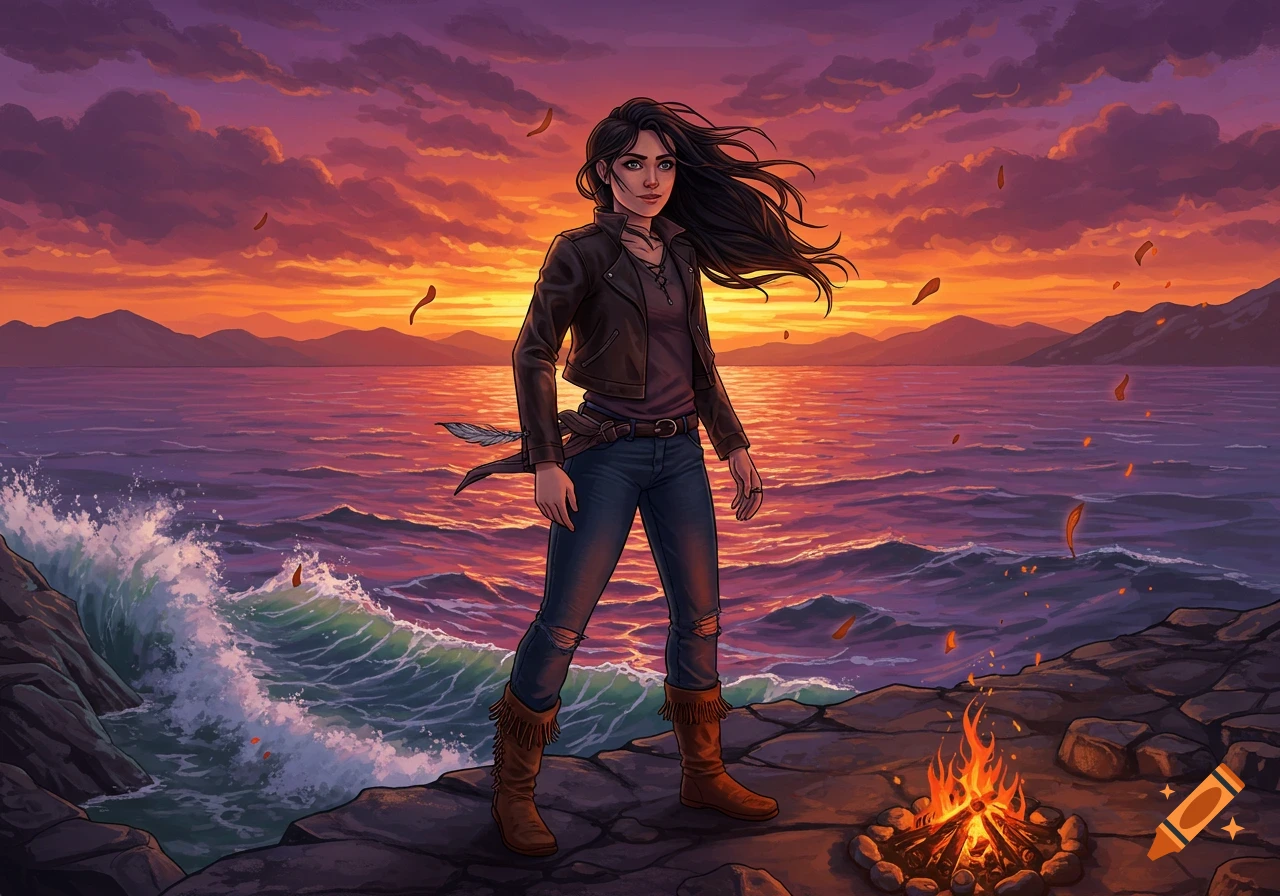 An illustrated young woman with dark hair stands on rocks by a wavy sea with a campfire under a vibrant sunset sky.