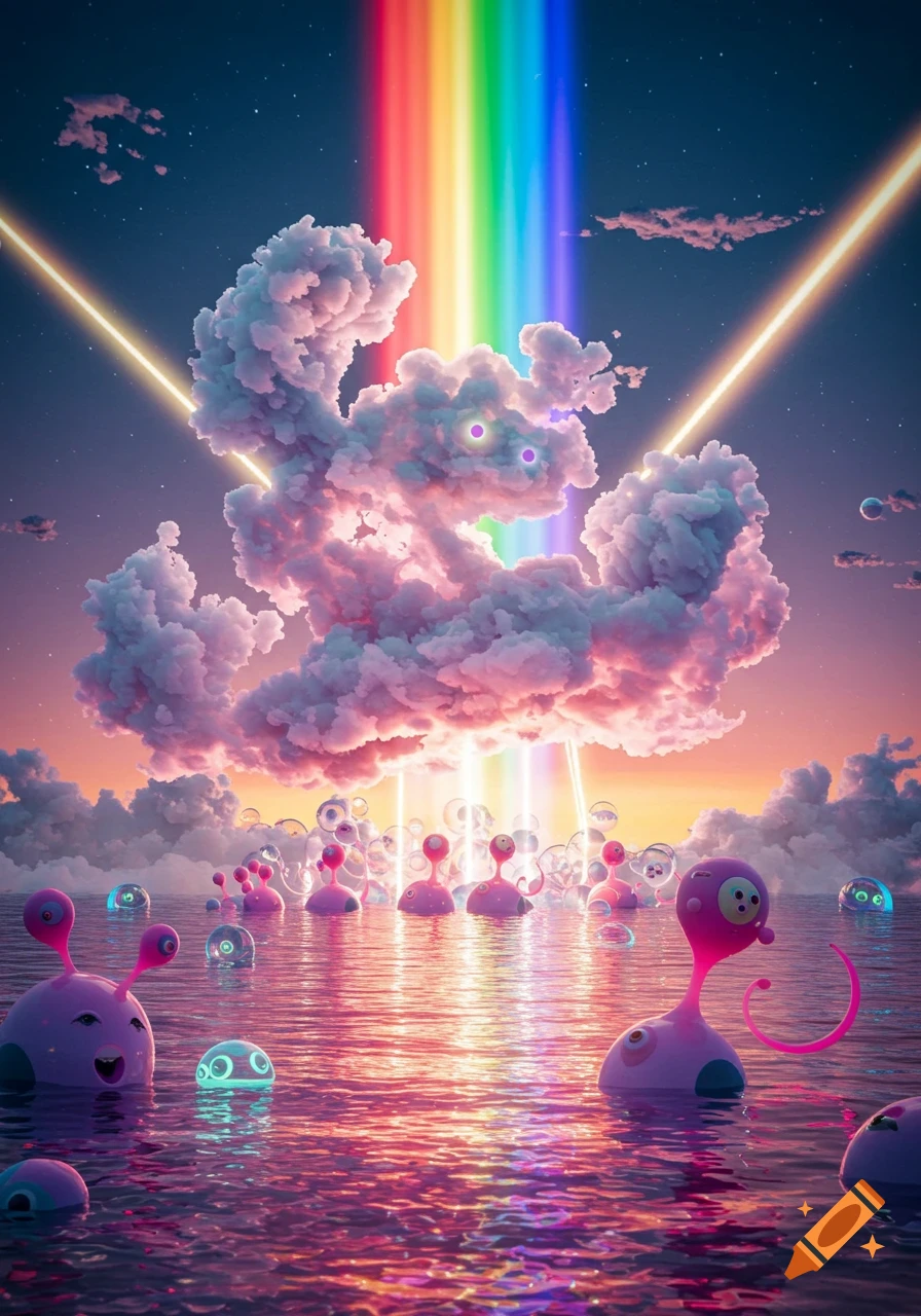 A vibrant, surreal landscape featuring pink, alien-like creatures floating in glowing water beneath a massive cloud emitting a rainbow and laser beams.