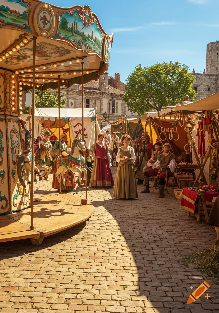A vibrant, sunny photorealistic scene of a historical carnival with a carousel, market stalls, and people in period costumes on cobblestone.