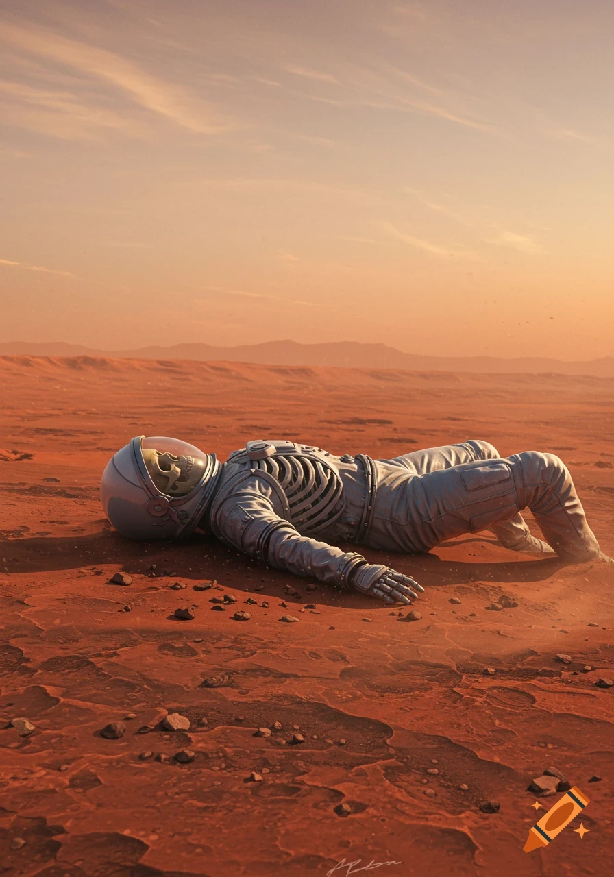 A skeleton in a silver space suit lies on the red, rocky surface of Mars under an orange sky.