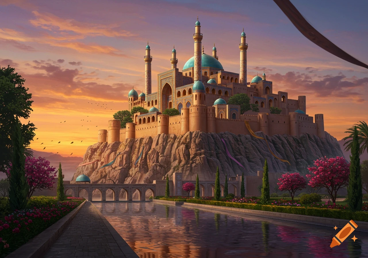 A magnificent Persian-style castle with blue domes and minarets on a rocky hill at sunset, overlooking a tranquil canal and gardens.