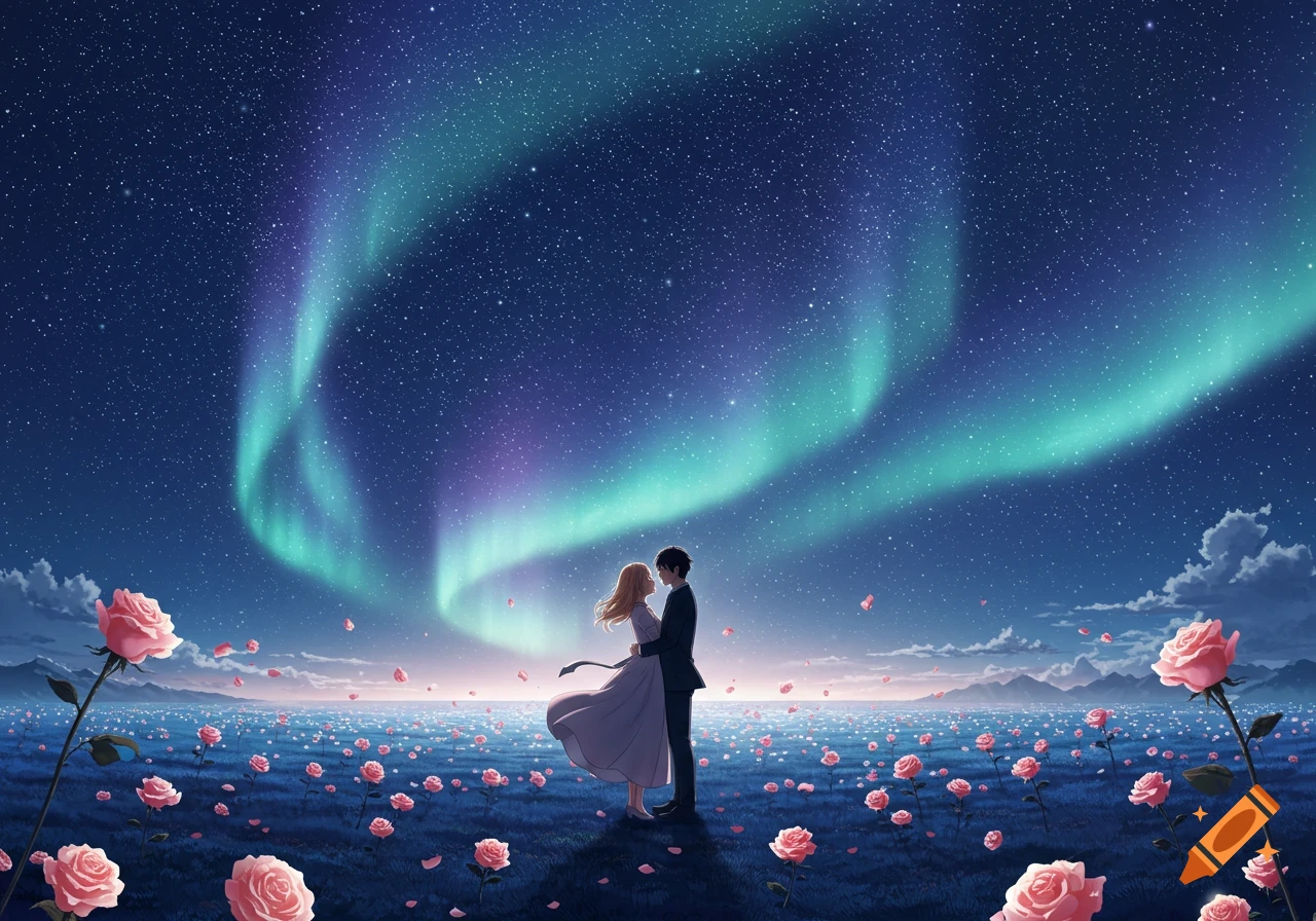 An anime couple embraces in a field of pink roses under a night sky with a vibrant aurora borealis.