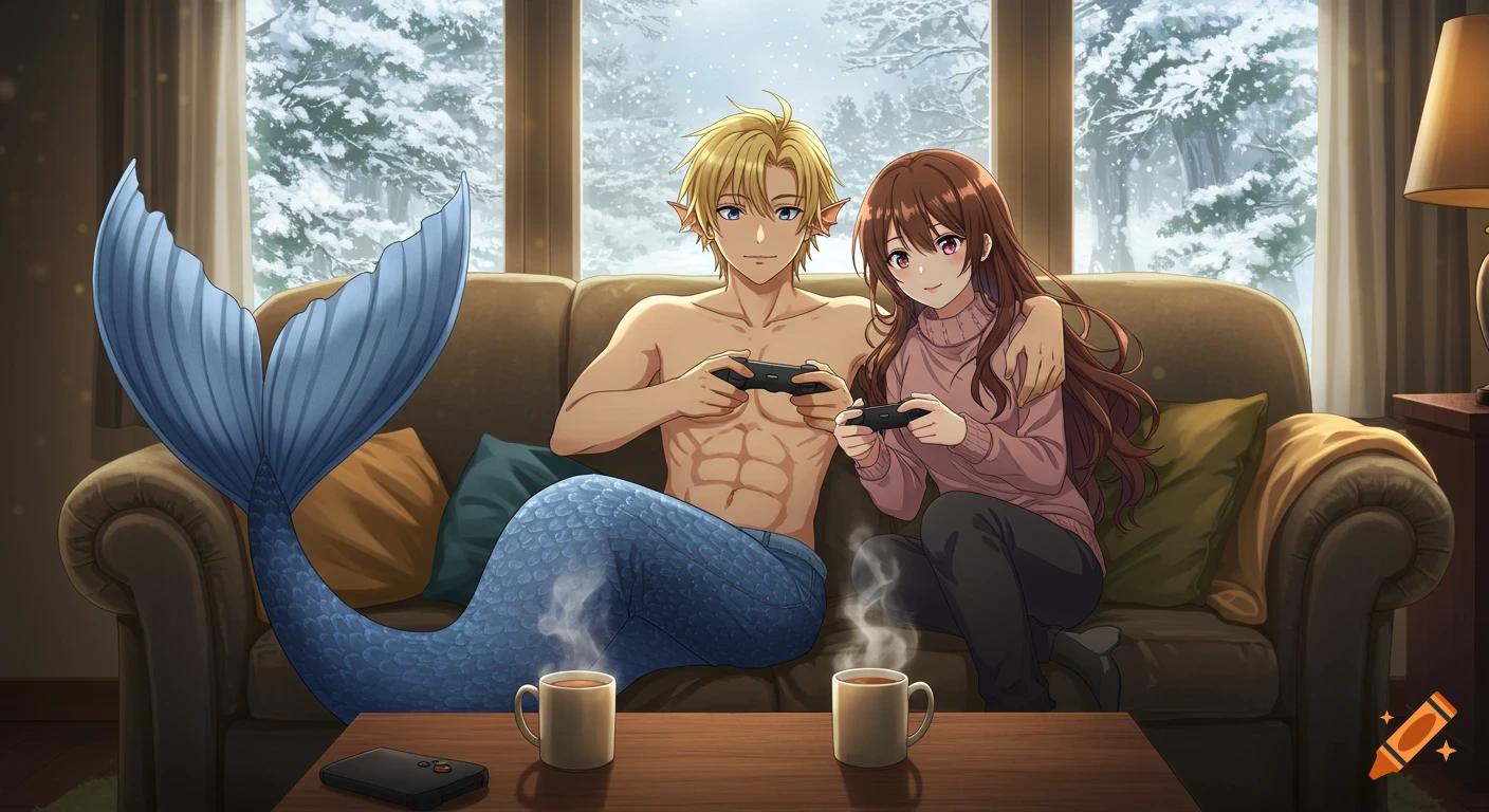 An anime merman with a denim tail and a girl play video games on a couch indoors, with snow visible outside the window.