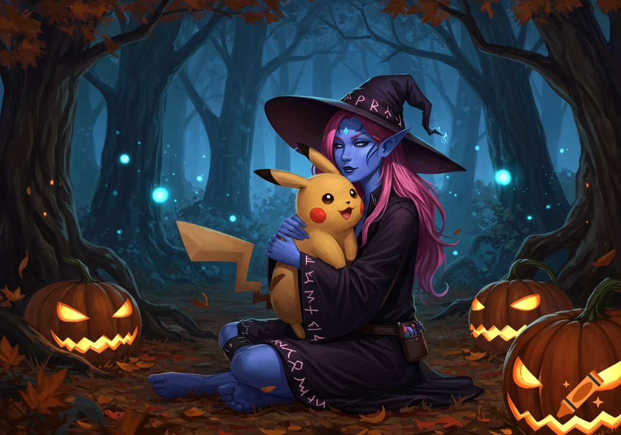 A blue-skinned elf witch with pink hair cuddles Pikachu in a dark, magical Halloween forest with glowing jack-o'-lanterns.